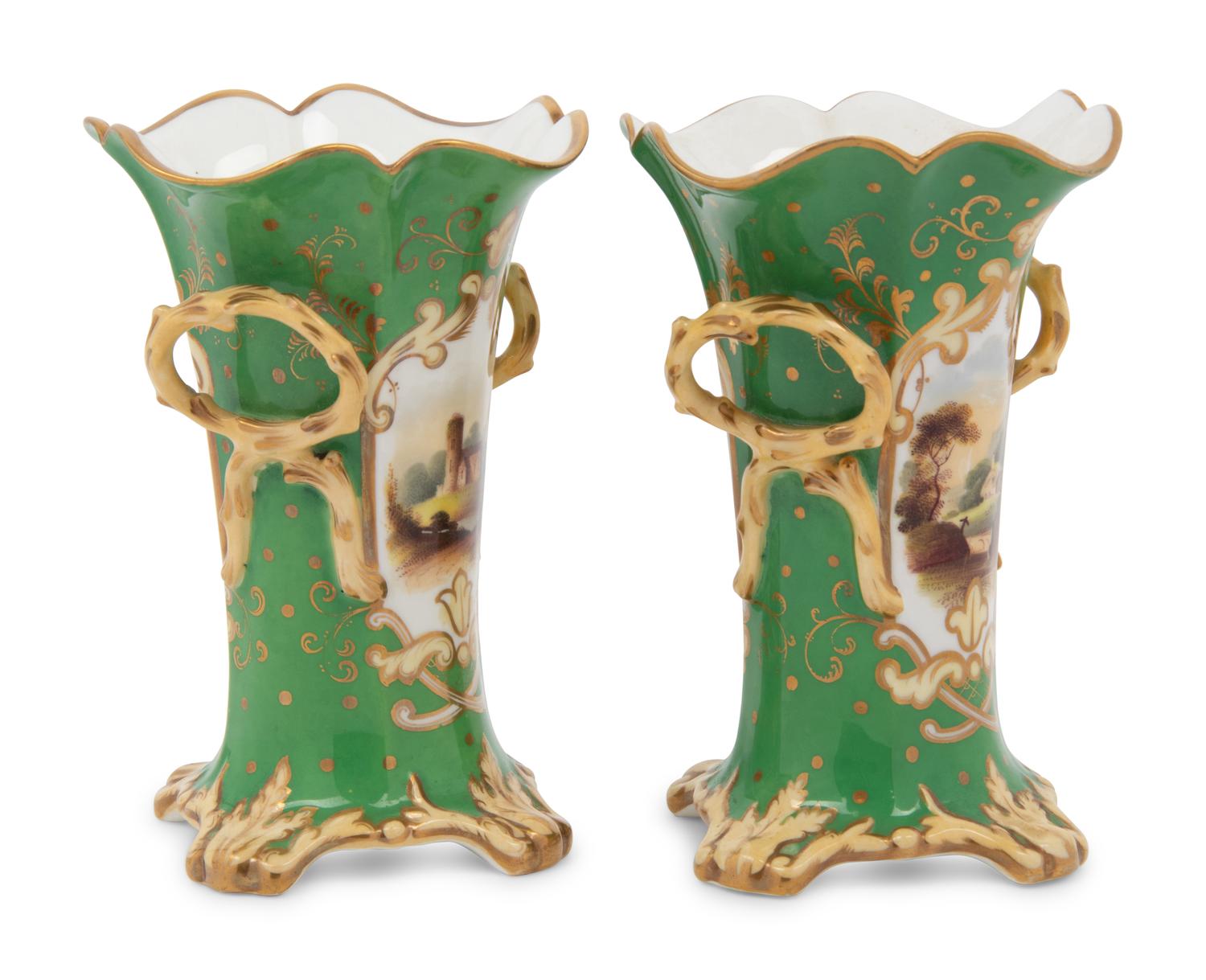 A Pair of English Rockingham Parcel Gilt Porcelain Topographical Vases