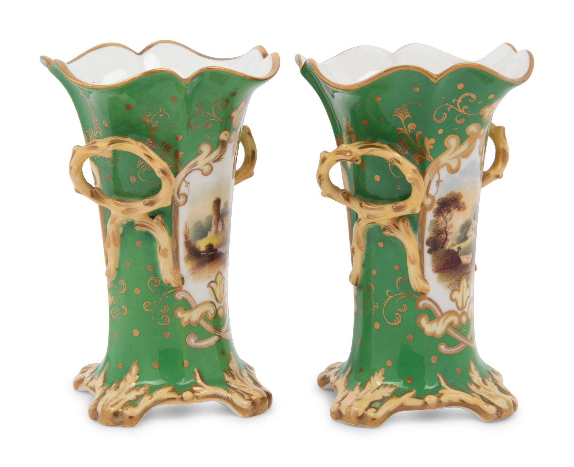 A Pair of English Rockingham Parcel Gilt Porcelain Topographical Vases