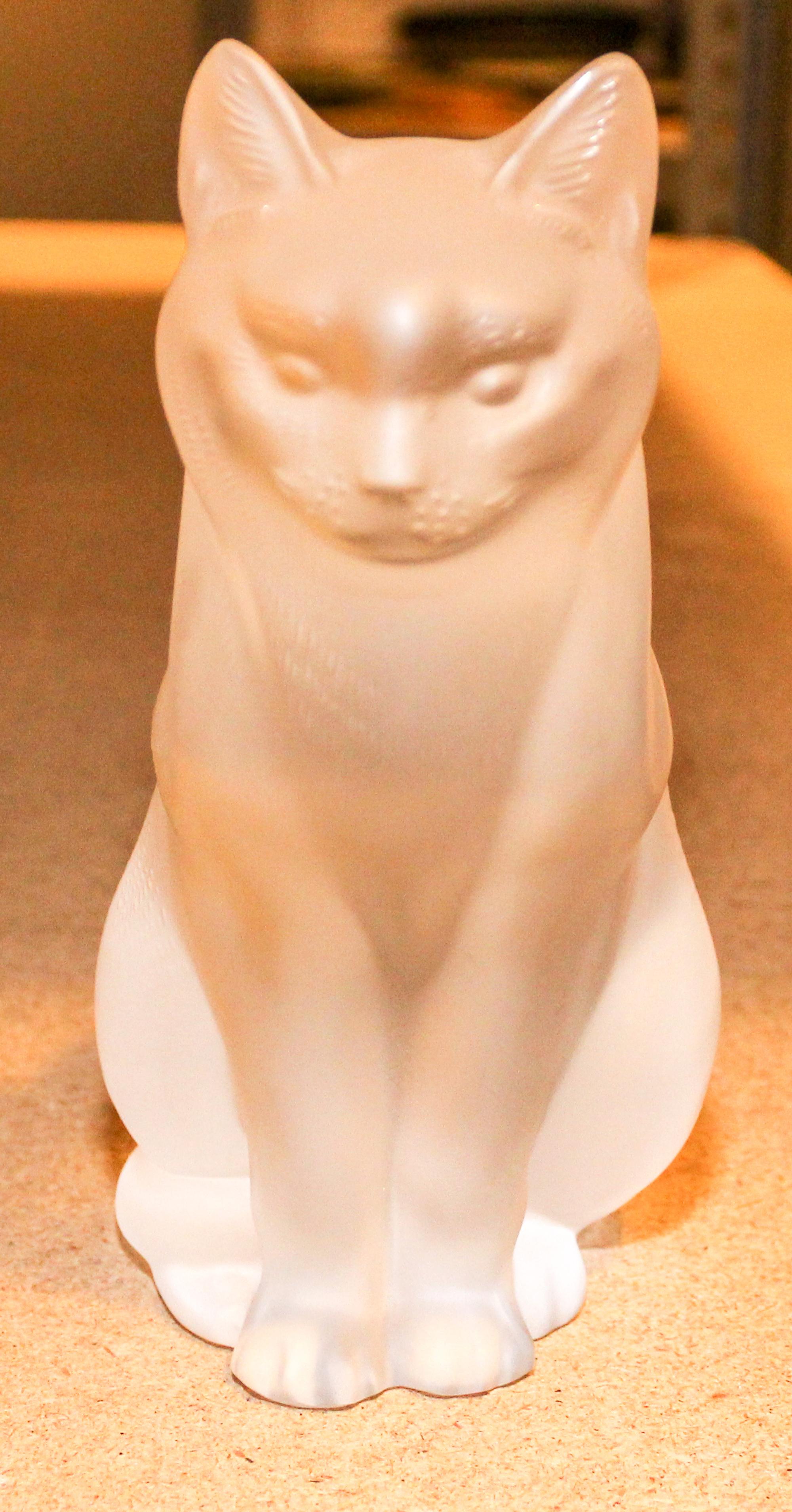 A Lalique Molded and Frosted Glass Cat. Height 8 1/8 inches.