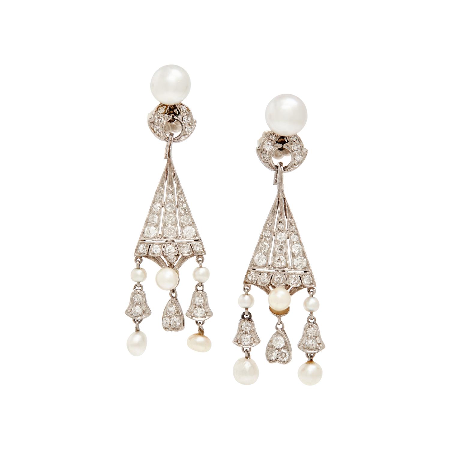 PLATINUM, DIAMOND, AND CULTURED PEARL EARRINGS