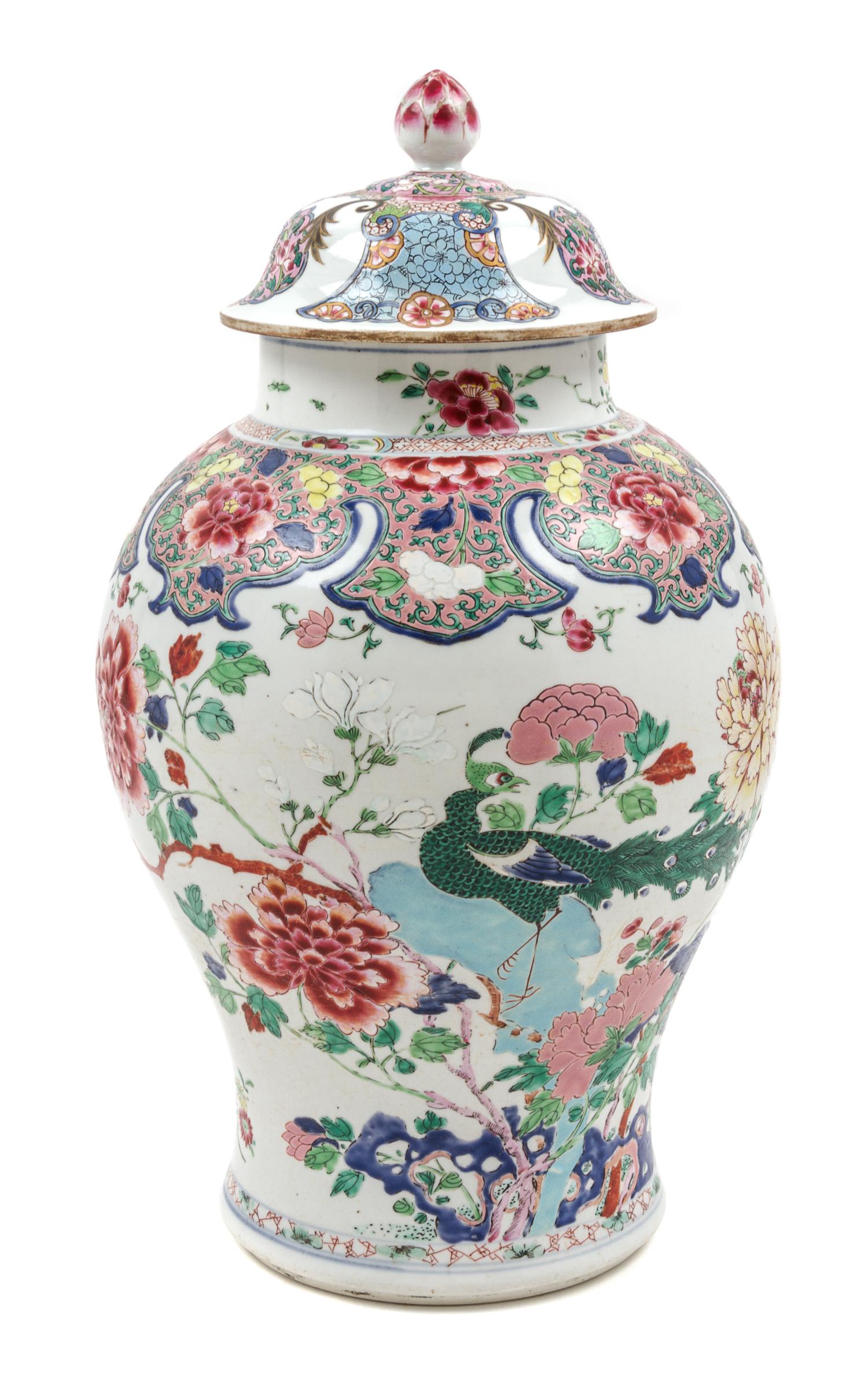A Chinese Export Famille Rose Porcelain Covered Jar Height 17 1/2 inches.