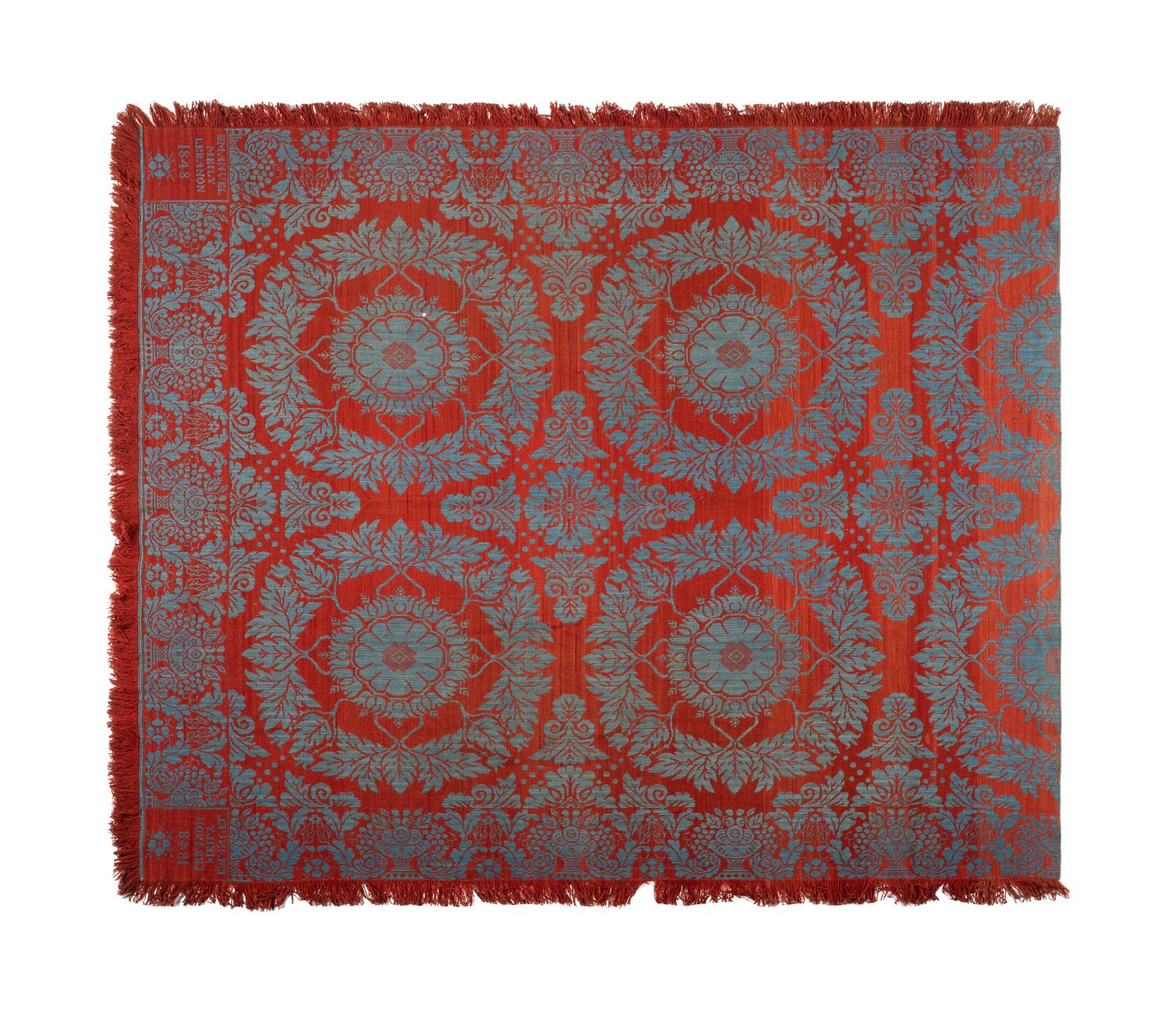 Two Blue and Orange Jacquard Wool and Cotton Coverlets