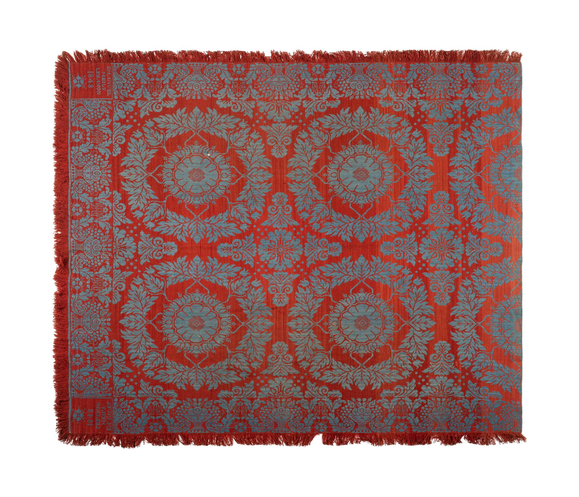 Two Blue and Orange Jacquard Wool and Cotton Coverlets