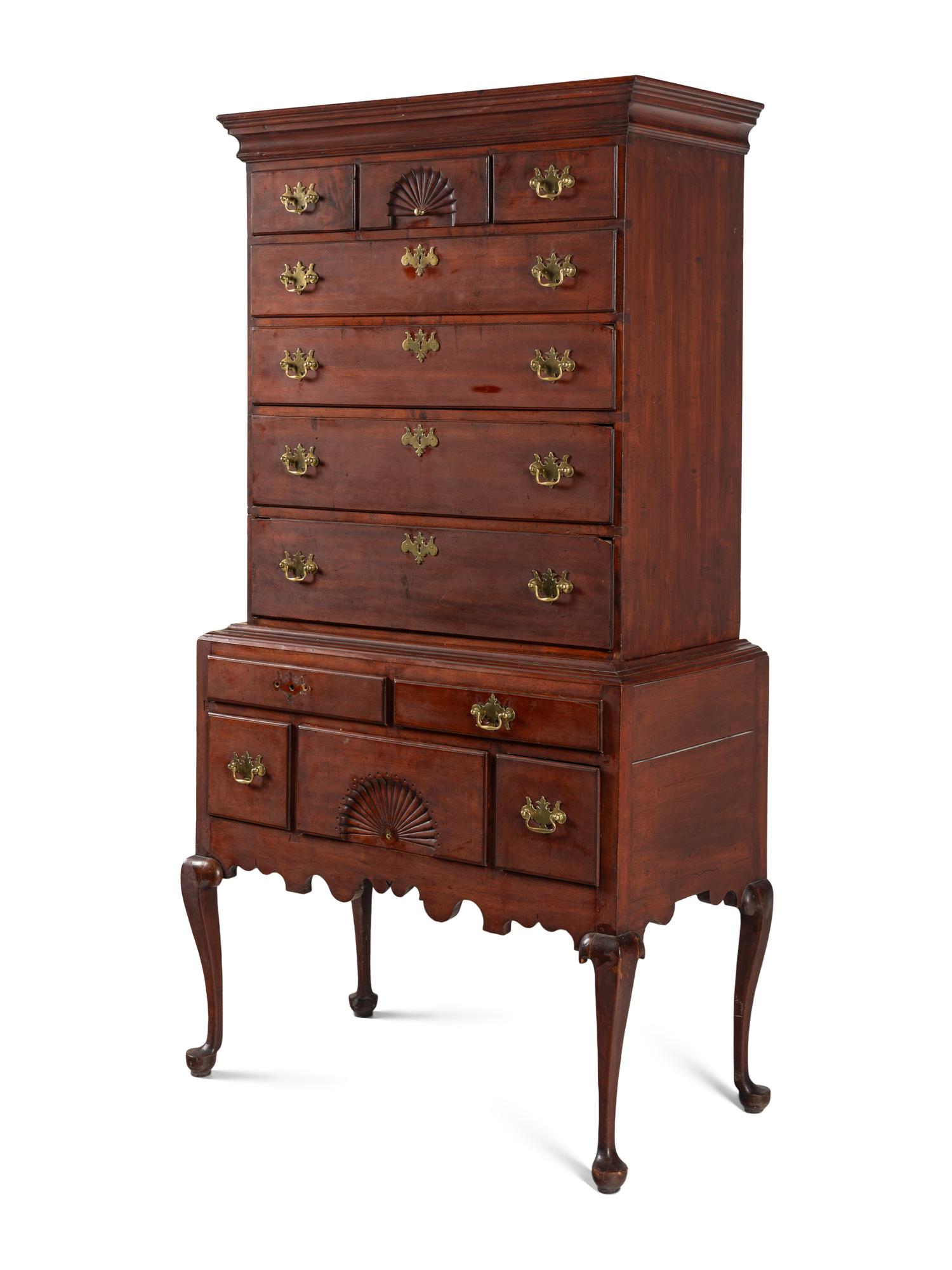 A Queen Anne Fan-Carved Cherrywood Flat-Top High Chest