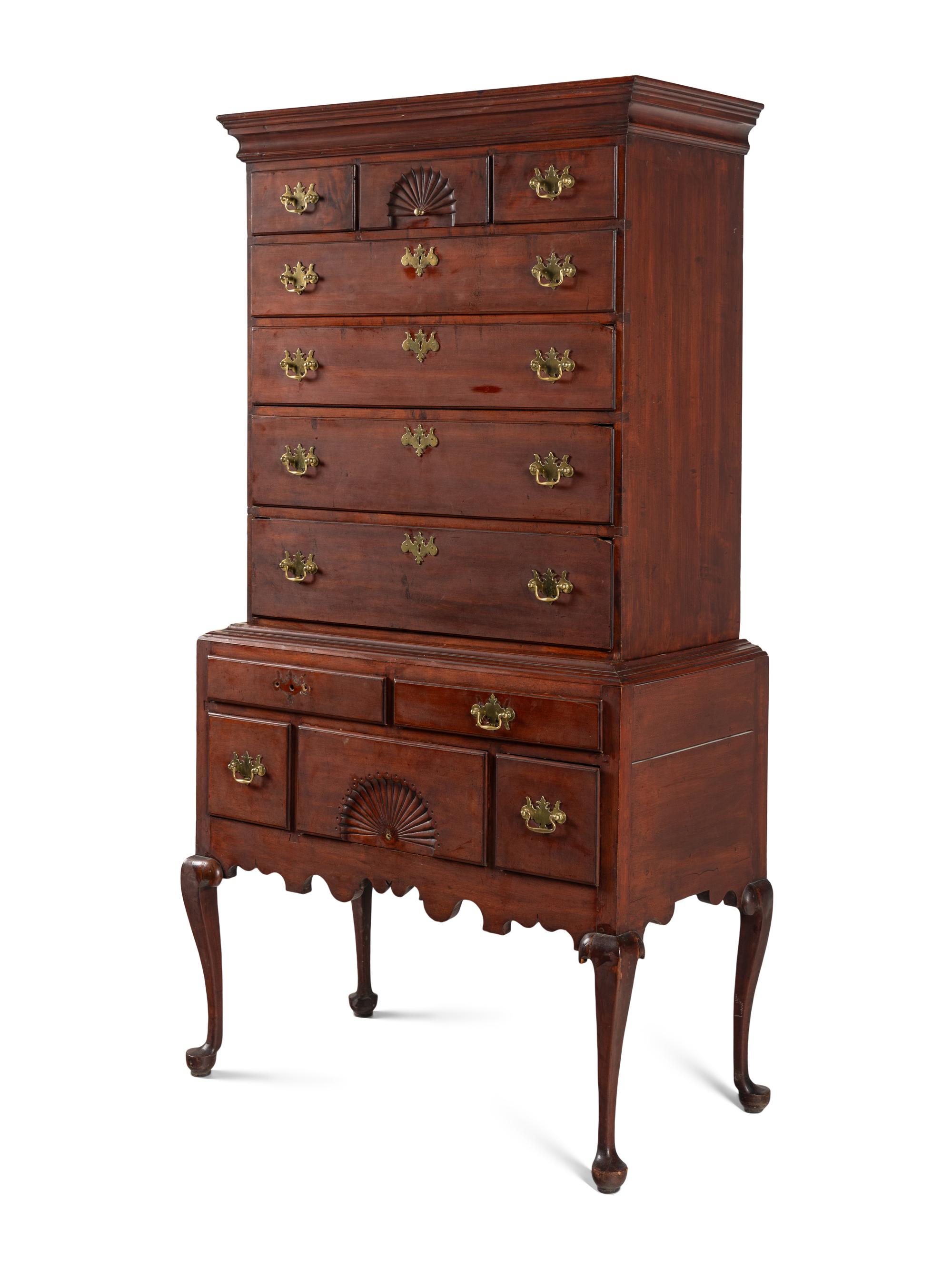 A Queen Anne Fan-Carved Cherrywood Flat-Top High Chest