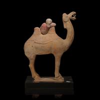 A Chinese Painted Pottery Figural Group of a Camel and a Rider, Possibly Tang Dynasty — 或為唐 陶加彩駱駝俑