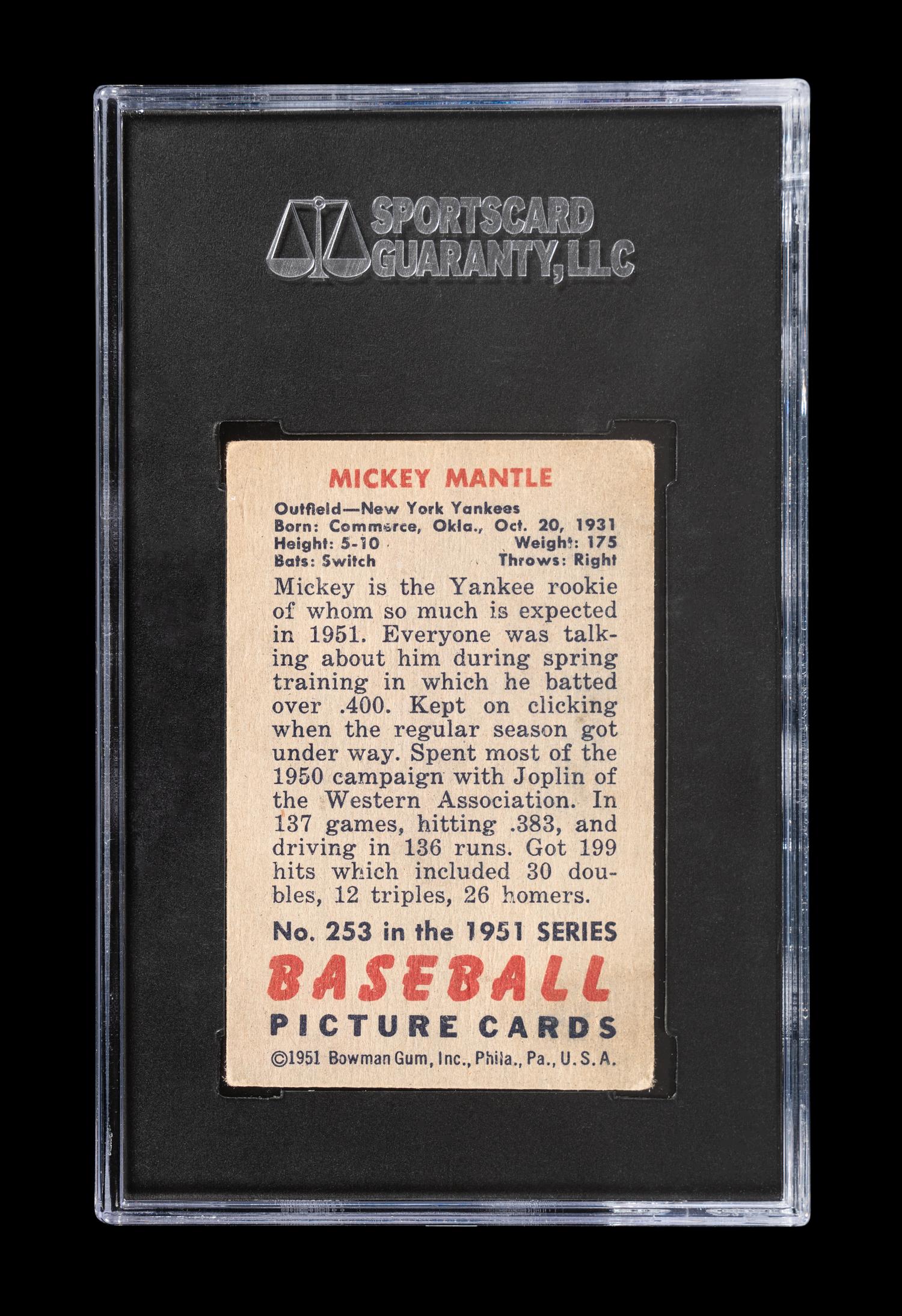 A 1951 Bowman Mickey Mantle Rookie Baseball Card No. 253 (SGC 2 GOOD)