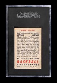A 1951 Bowman Mickey Mantle Rookie Baseball Card No. 253 (SGC 2 GOOD)