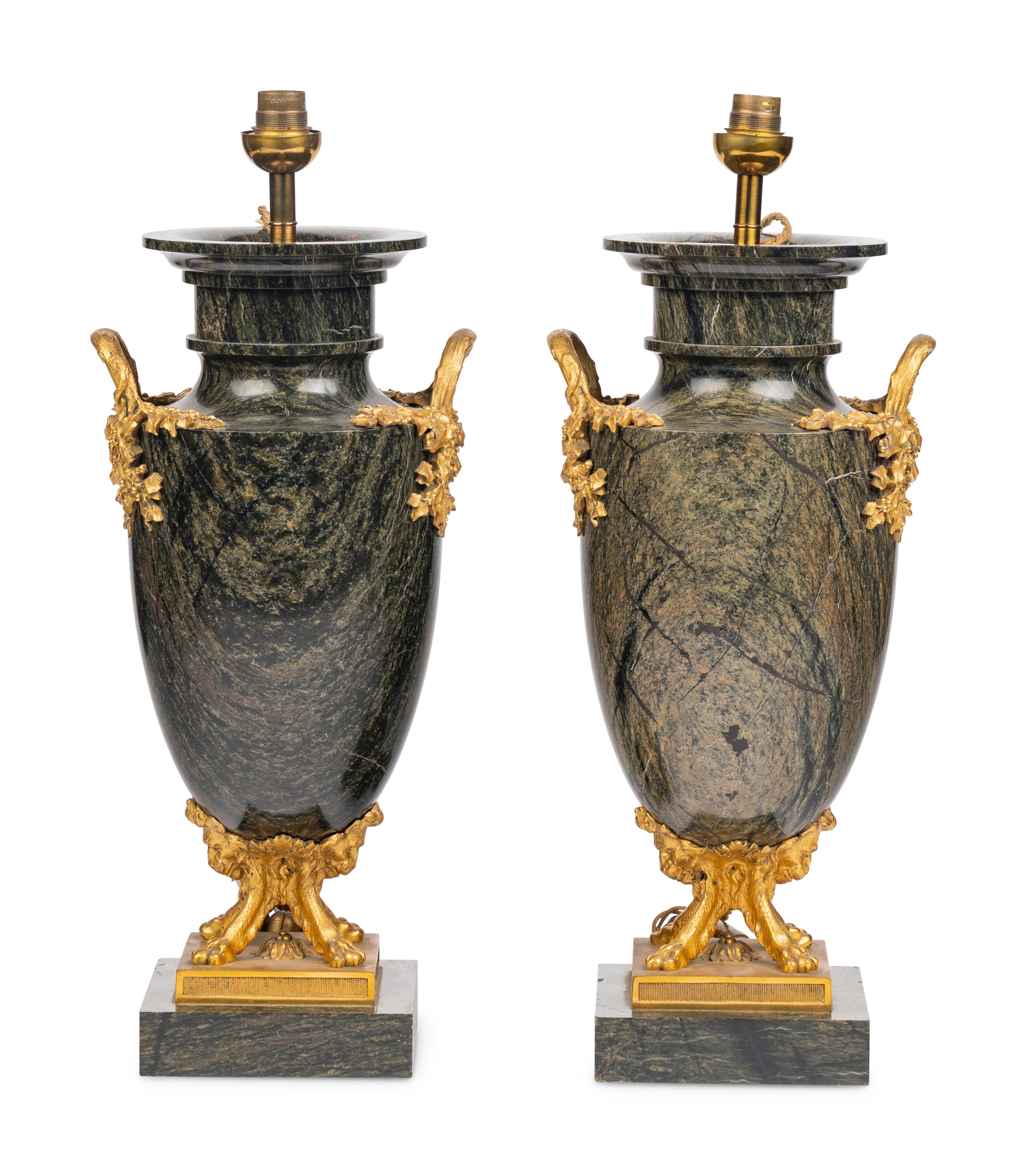 A Pair of French Gilt Bronze Mounted Green Marble Vases