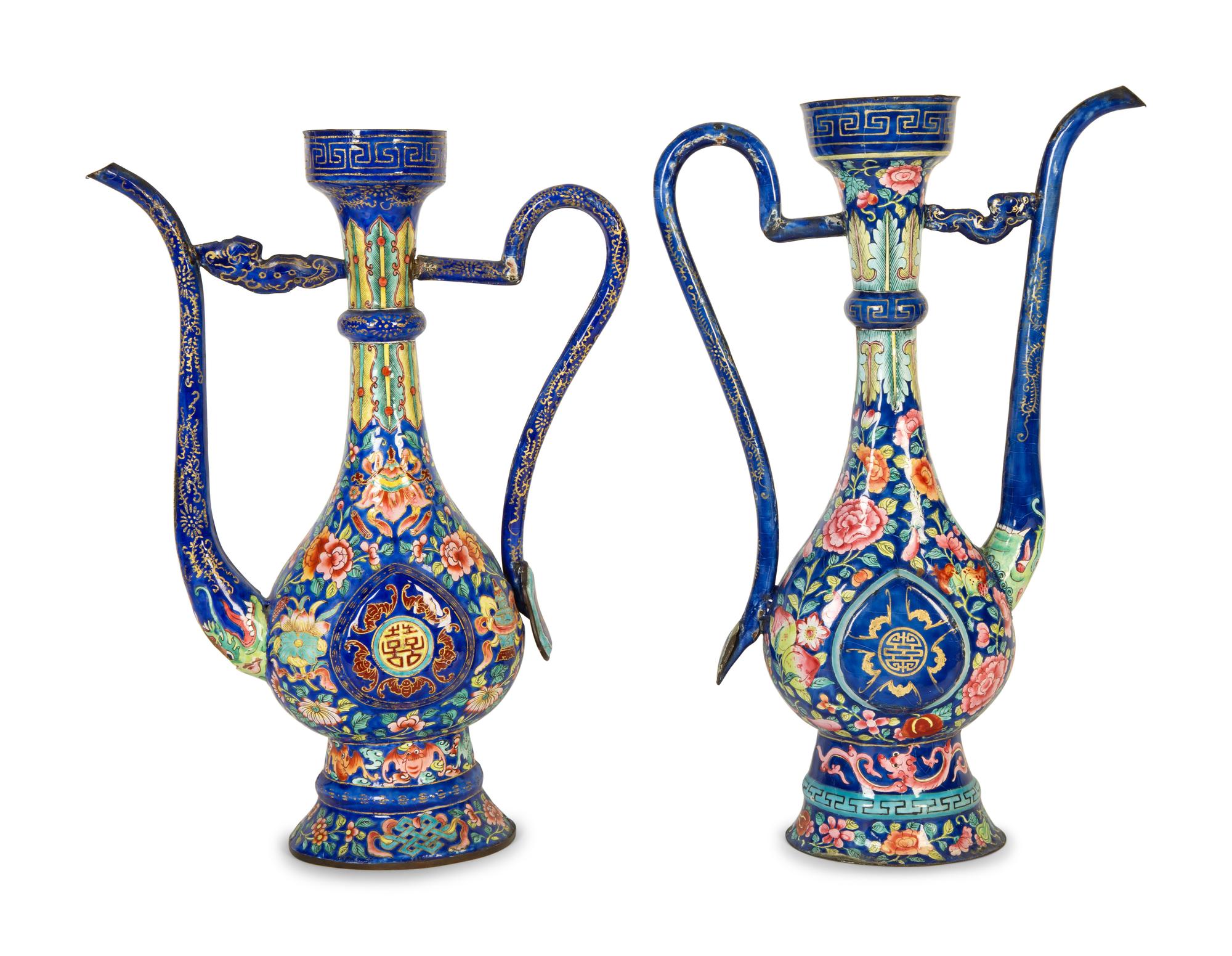 A Pair of Chinese Enamel on Copper Wine Ewers — Late 19th Century