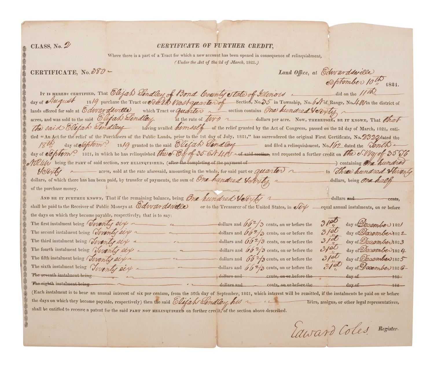 [SLAVERY & ABOLITION]. COLES, Edward (1786-1868). Document signed as Register for Illinois.