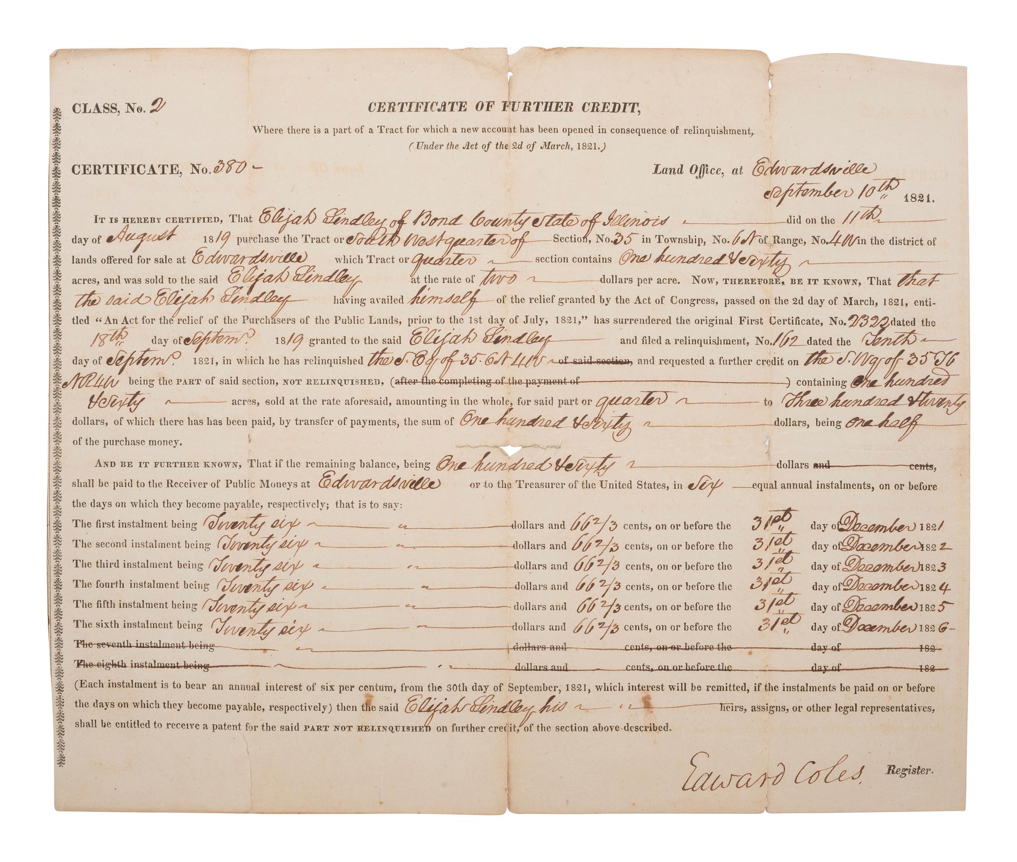 [SLAVERY & ABOLITION]. COLES, Edward (1786-1868). Document signed as Register for Illinois.