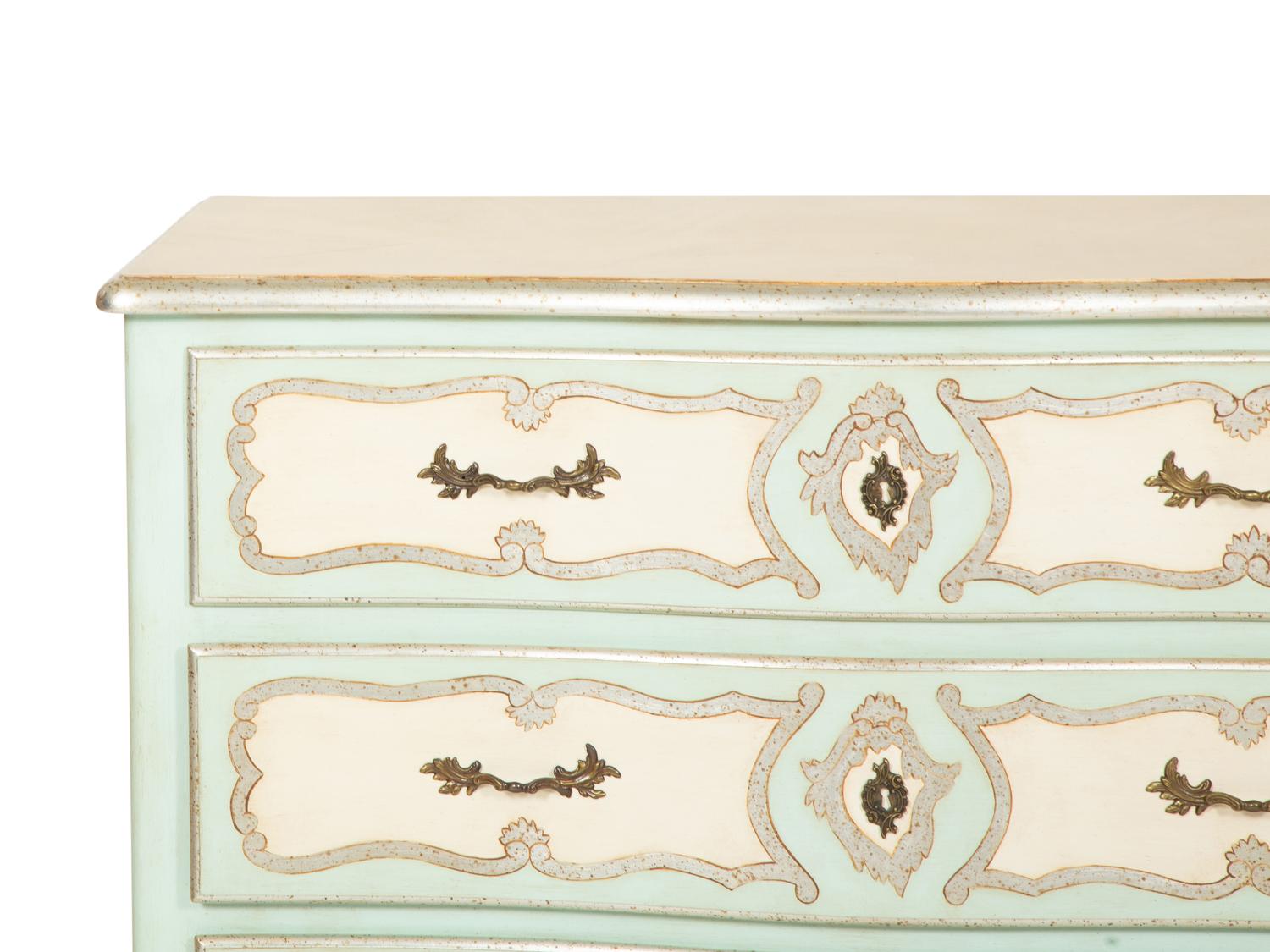 A Pair of Louis XV Style Painted and Silver Gilt Commodes with Faux Marble Tops