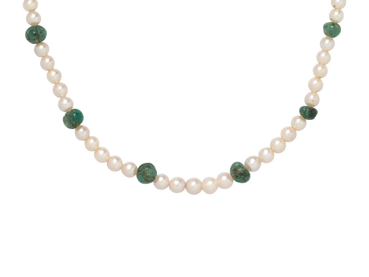 CULTURED PEARL AND EMERALD NECKLACE