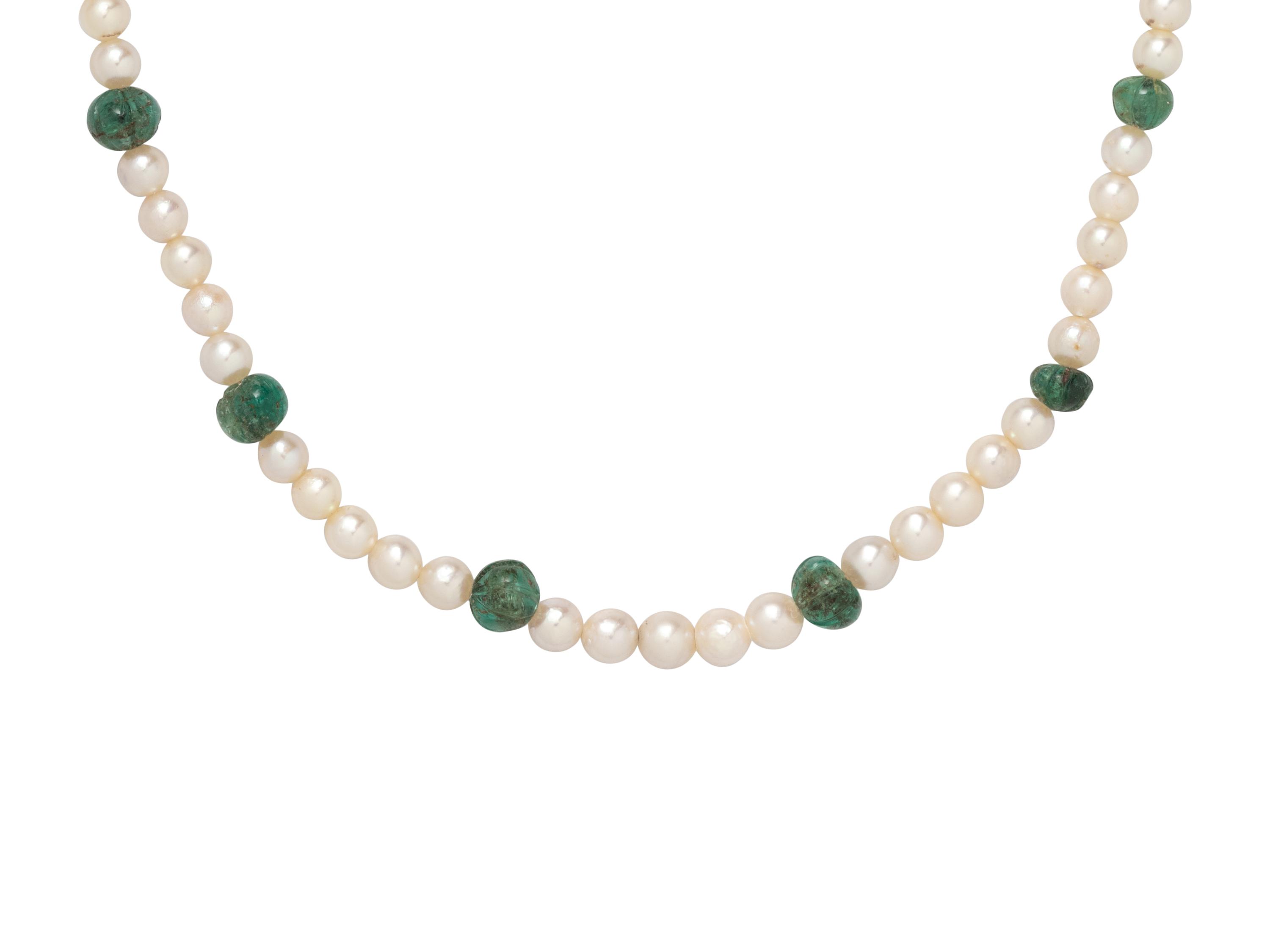 CULTURED PEARL AND EMERALD NECKLACE