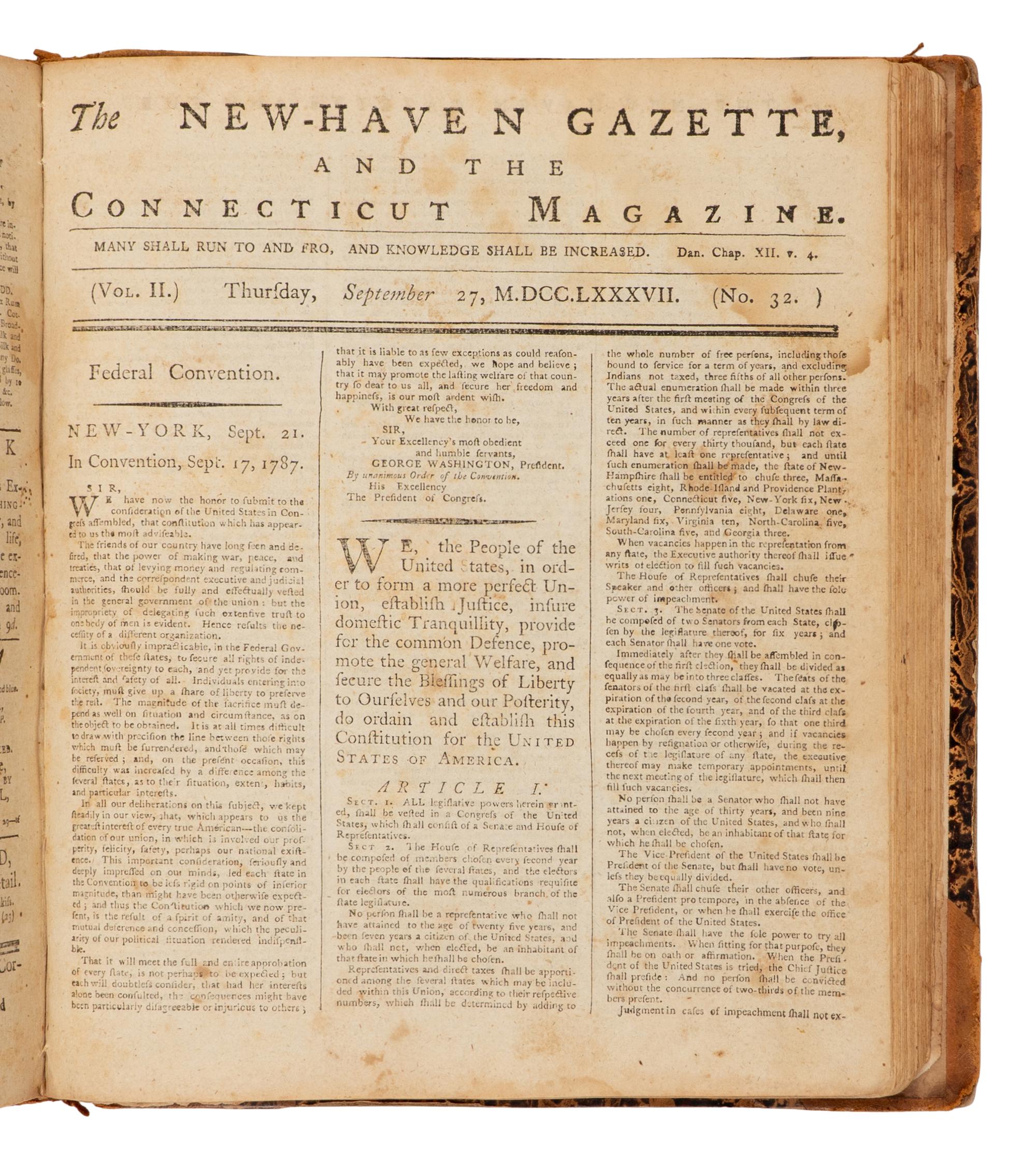 [Americana] [United States Constitution] The New-Haven Gazette, and the Connecticut Magazine