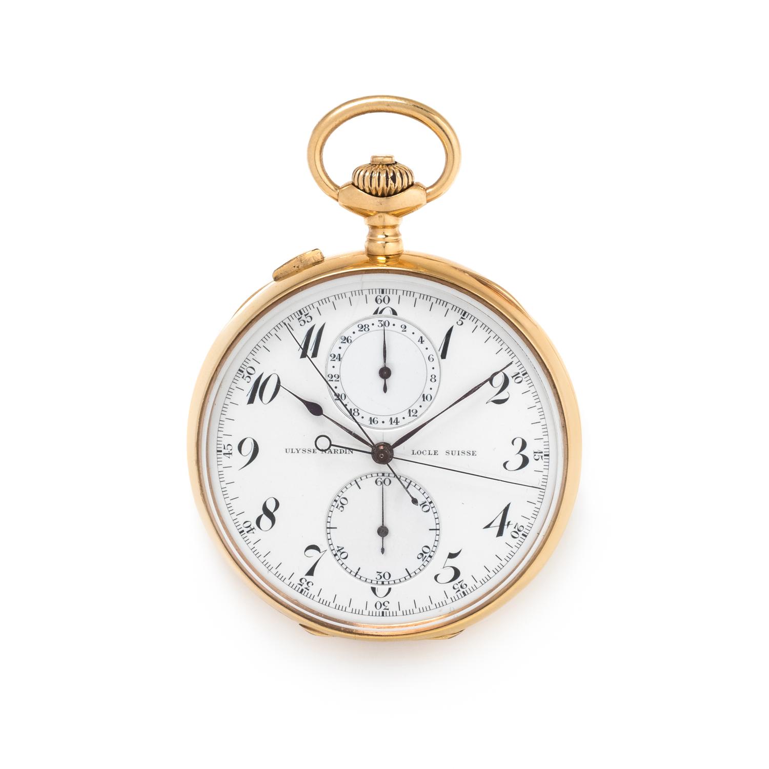 ULYSSE NARDIN, 18K YELLOW GOLD SPLIT SECOND CHRONOGRAPH OPEN FACE POCKET WATCH
