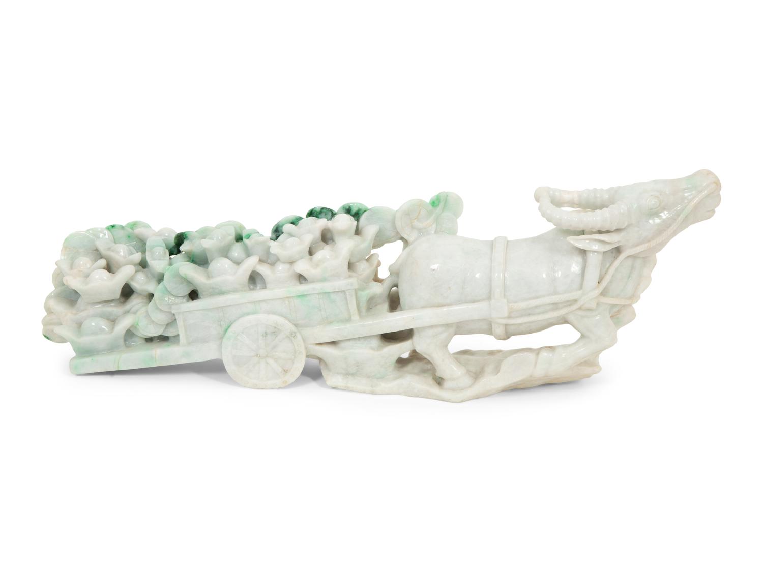 A Chinese Carved Jadeite Figure of an Ox Cart