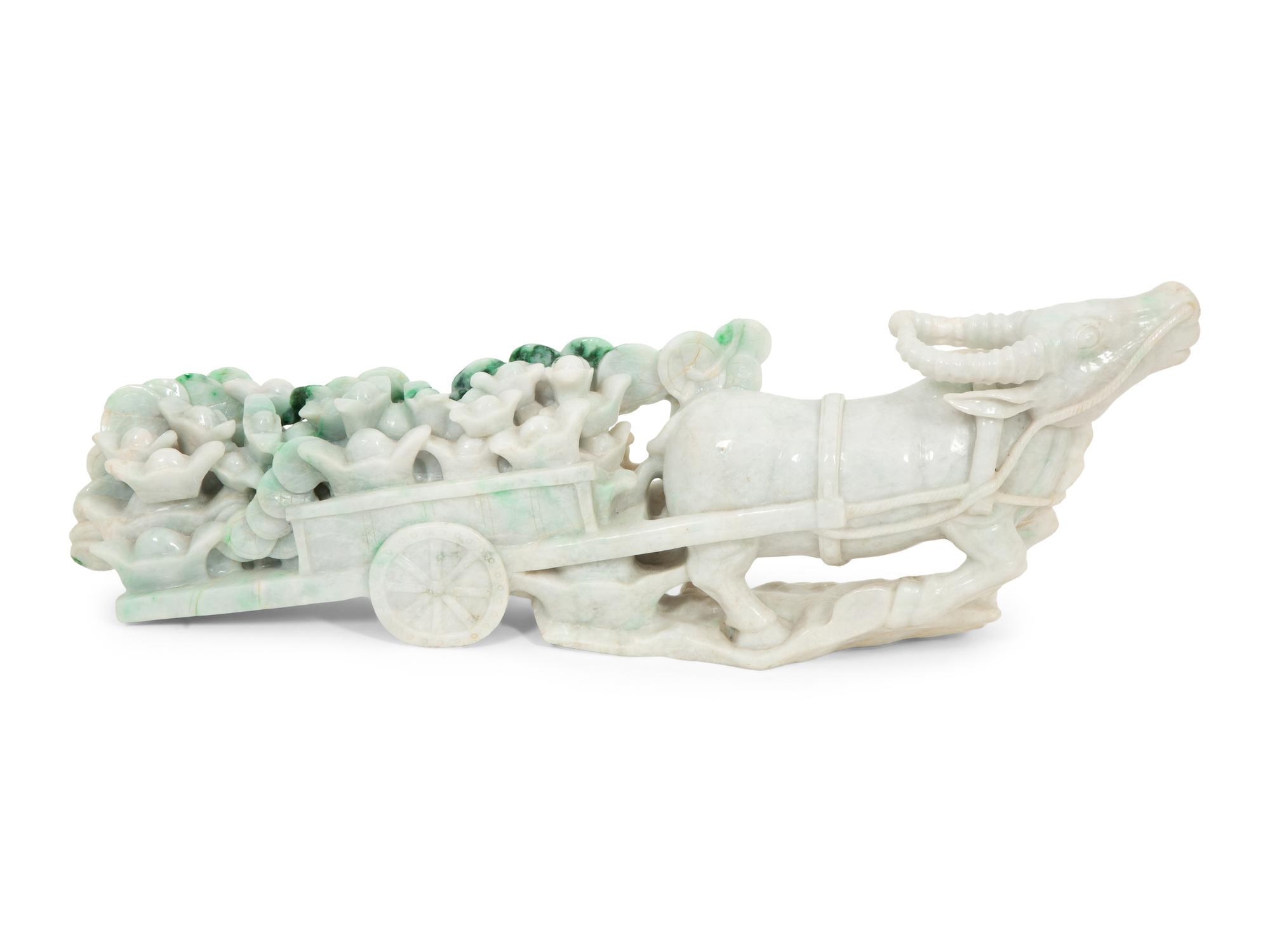 A Chinese Carved Jadeite Figure of an Ox Cart