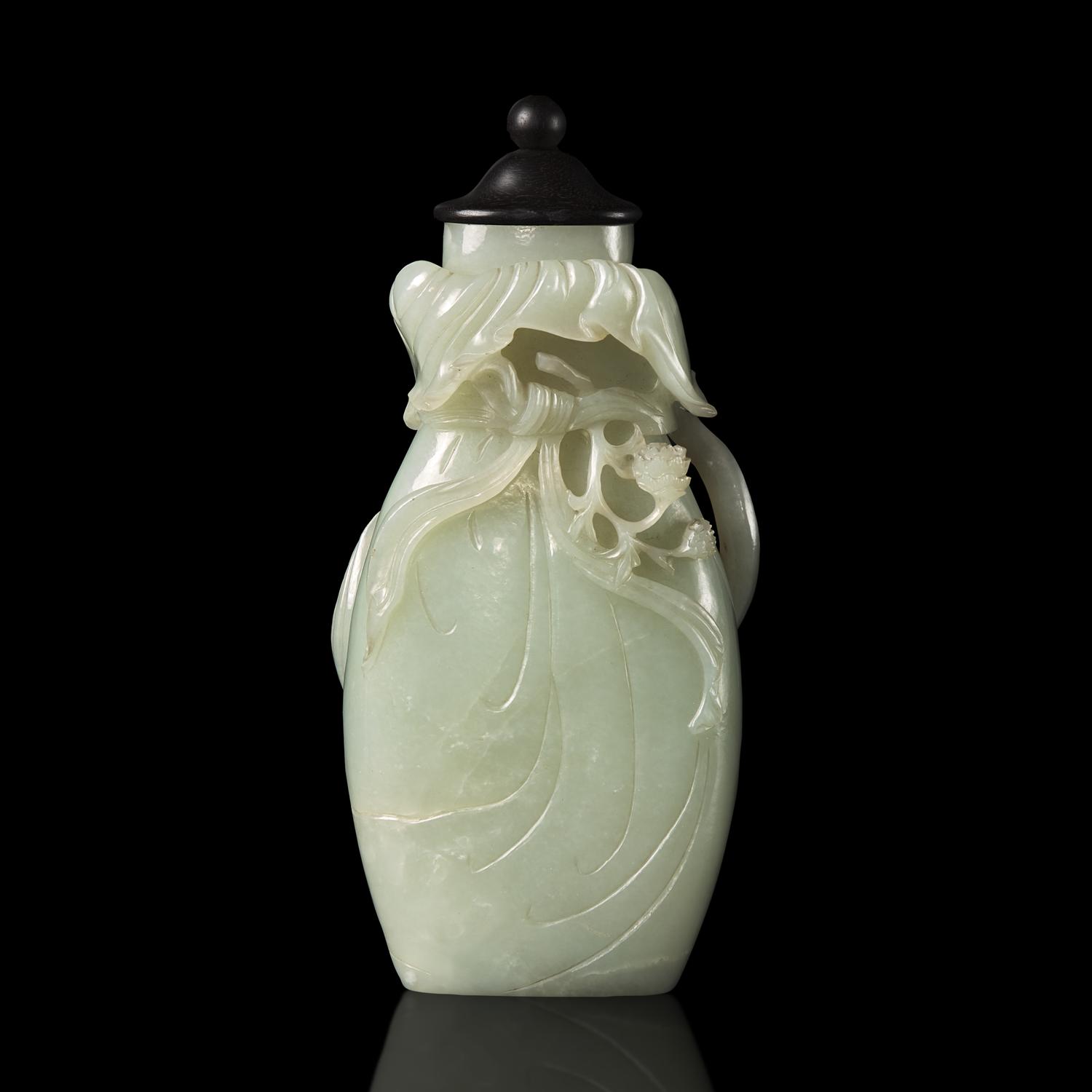 A Chinese Celadon Jade Bag-Form Vase with Later Cover, Qing Dynasty 清 青白玉包袱瓶