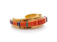 Gold, Coral, Turquoise, and Lapis Inlay Cuff Bracelet