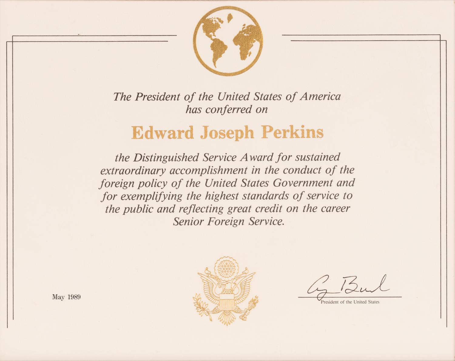 [PERKINS, Edward Joseph (1928-2020)]. A group of 9 documents or photographs by Presidents Nixon, Reagan, or Bush to Perkins, presumably with secretarial or facsimile signatures, including: