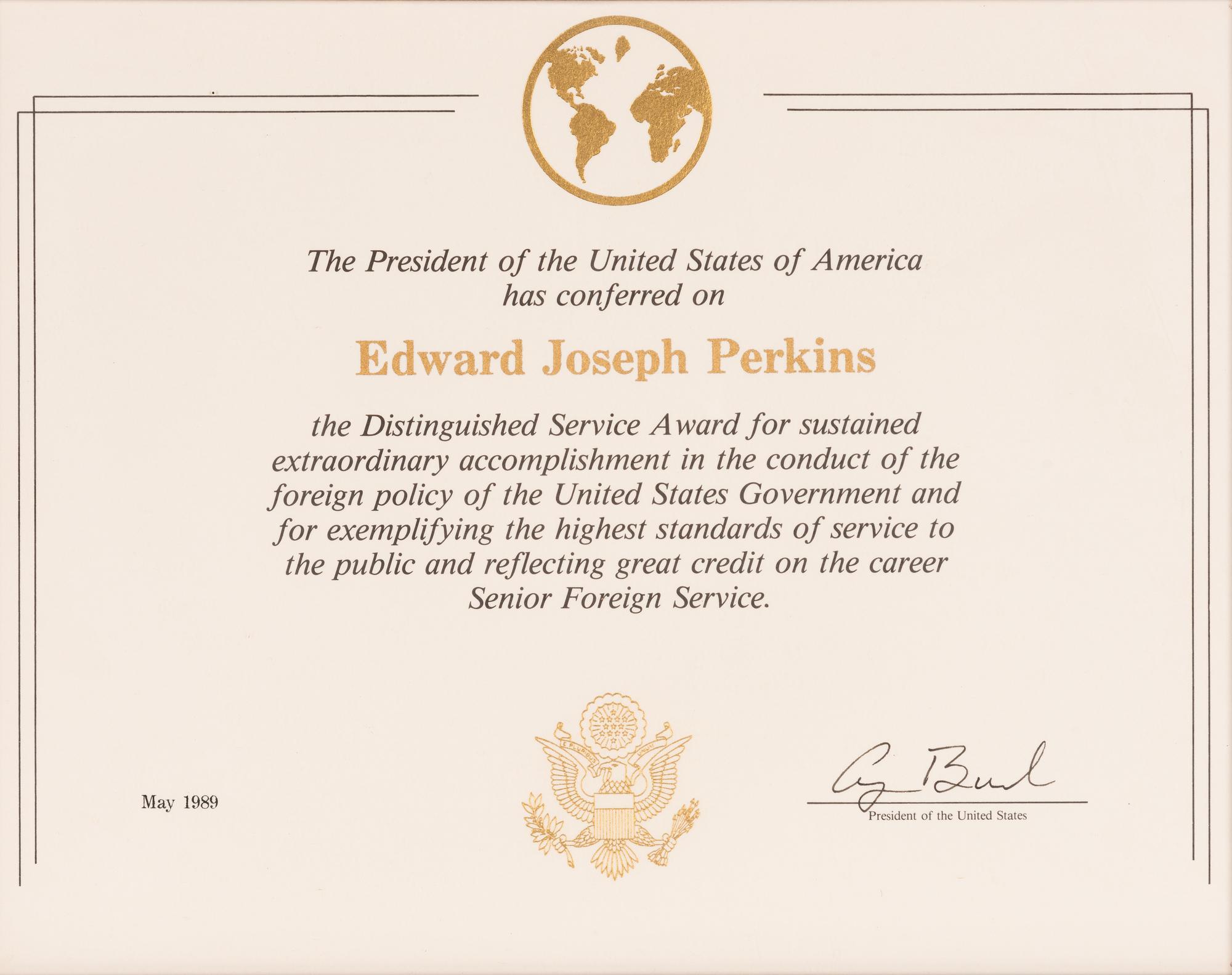 [PERKINS, Edward Joseph (1928-2020)]. A group of 9 documents or photographs by Presidents Nixon, Reagan, or Bush to Perkins, presumably with secretarial or facsimile signatures, including: