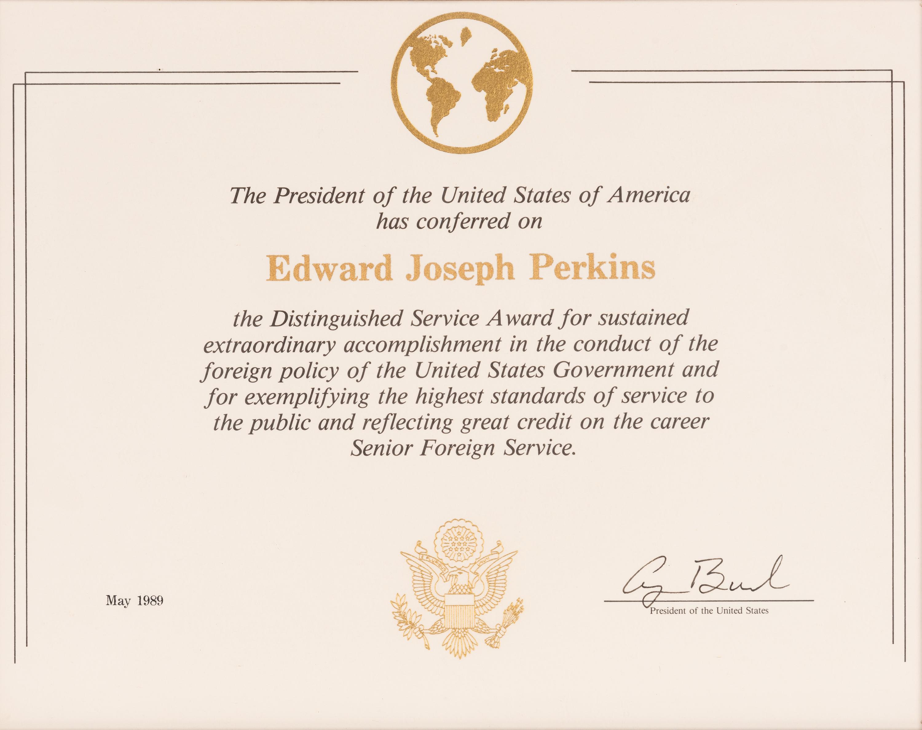 [PERKINS, Edward Joseph (1928-2020)]. A group of 9 documents or photographs by Presidents Nixon, Reagan, or Bush to Perkins, presumably with secretarial or facsimile signatures, including: