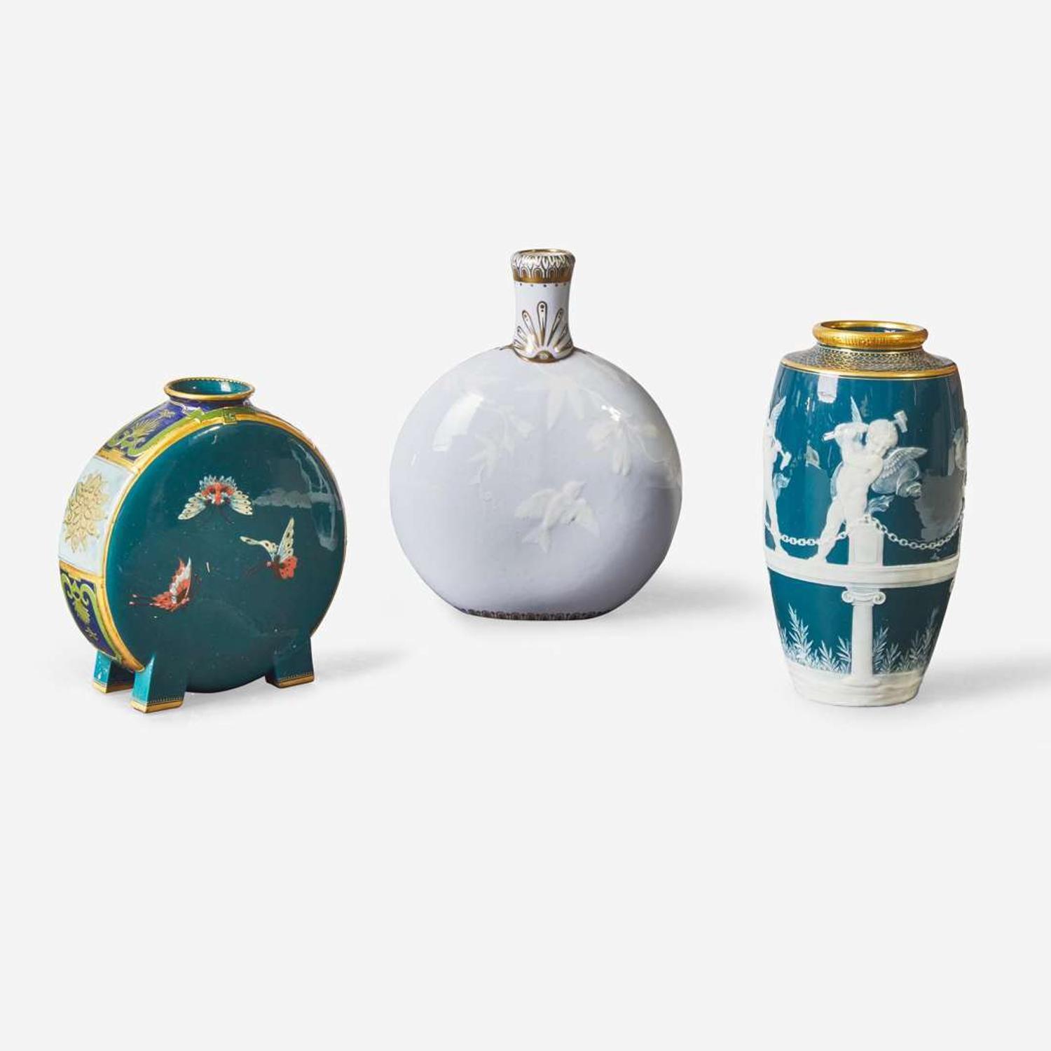 Three Minton and Staffordshire pate-sur-pate porcelain vases England, late 19th century