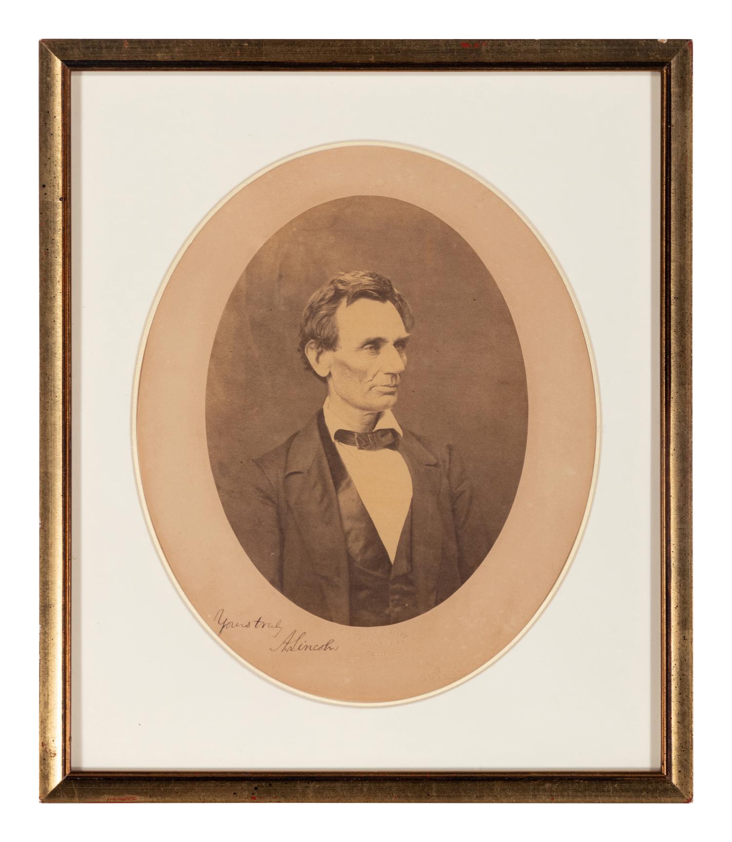 [LINCOLN-HAMLIN CAMPAIGN]. HESLER, Alexander (1823-1895), photographer. An oval bust portrait signed ("A. Lincoln"), ca. 3 June 1860.