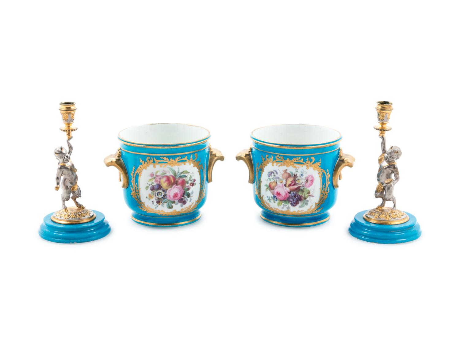 Two Pairs of Sèvres Style Celeste Blue-Ground Porcelain Table Articles