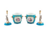 Two Pairs of Sèvres Style Celeste Blue-Ground Porcelain Table Articles