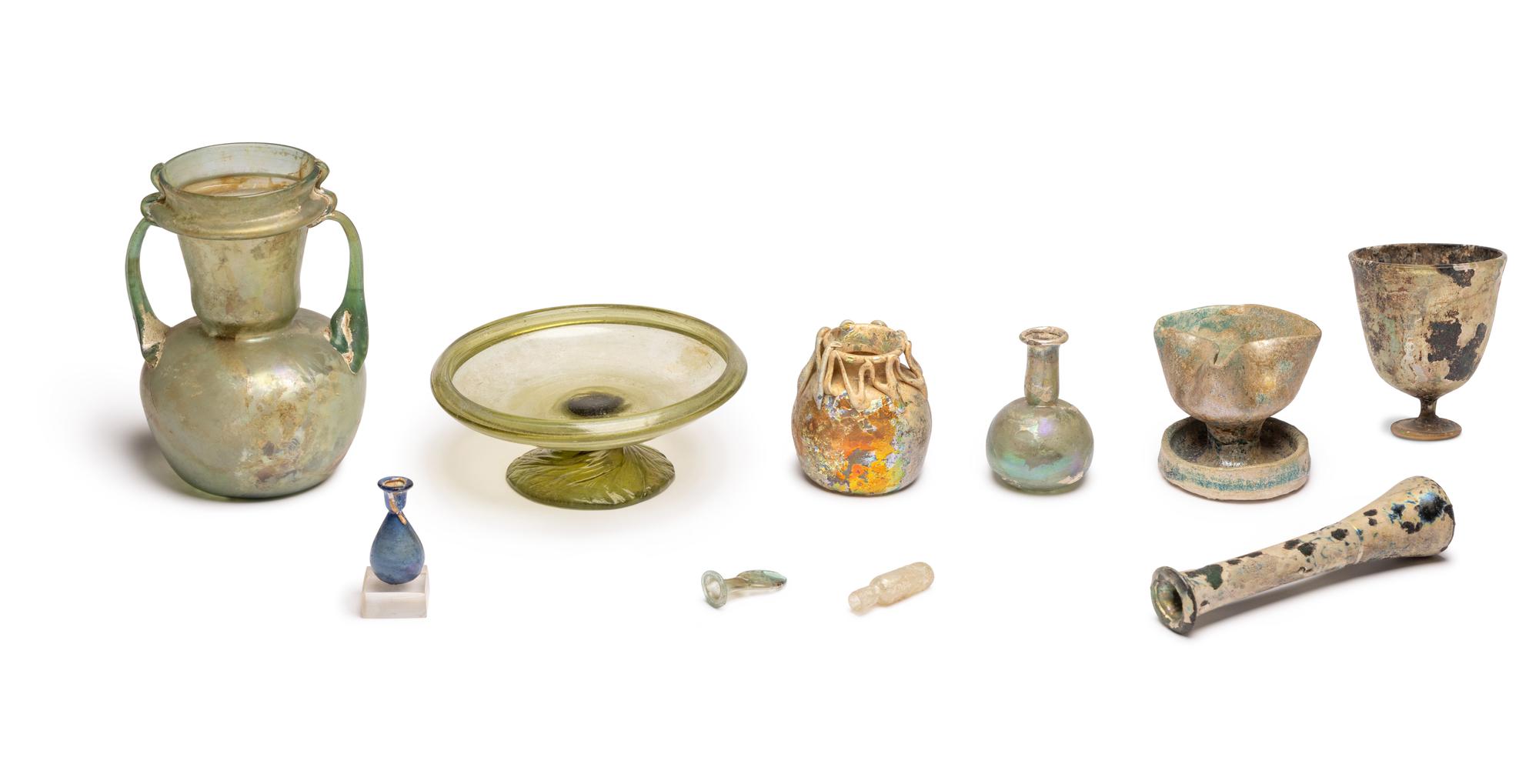 A Group of Ten Egyptian, Roman, and Islamic Glass and Glazed Ceramic Vessels