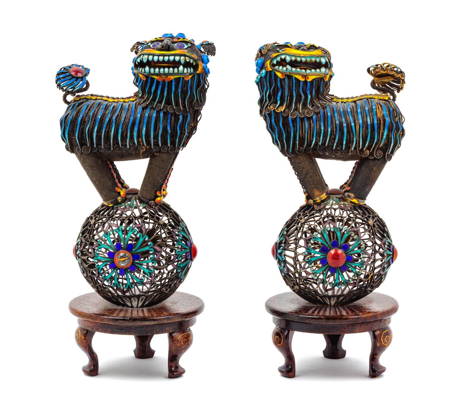 A Pair of Chinese Enamel on Silver Fu Lions