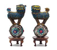 A Pair of Chinese Enamel on Silver Fu Lions