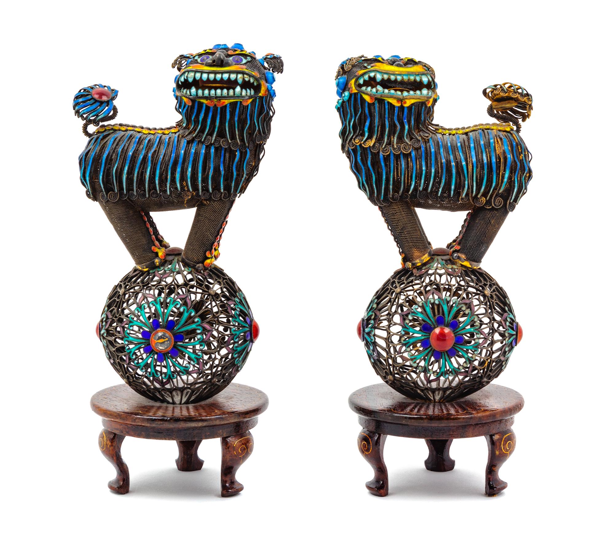 A Pair of Chinese Enamel on Silver Fu Lions
