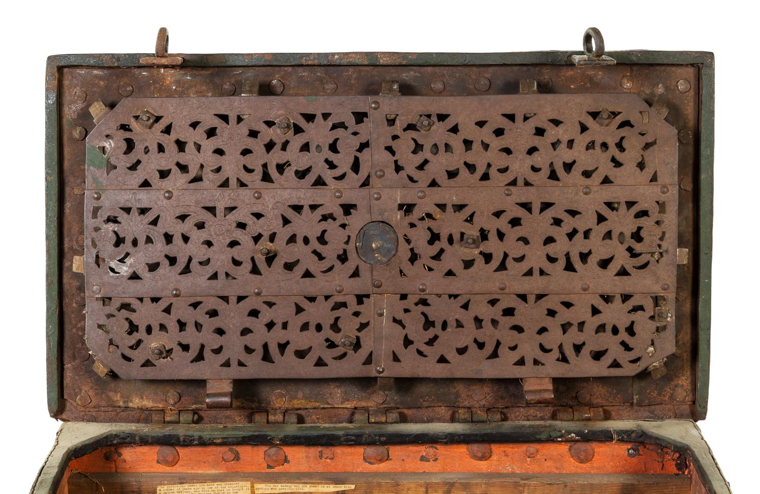A Continental Polychrome Decorated Iron Strong Box