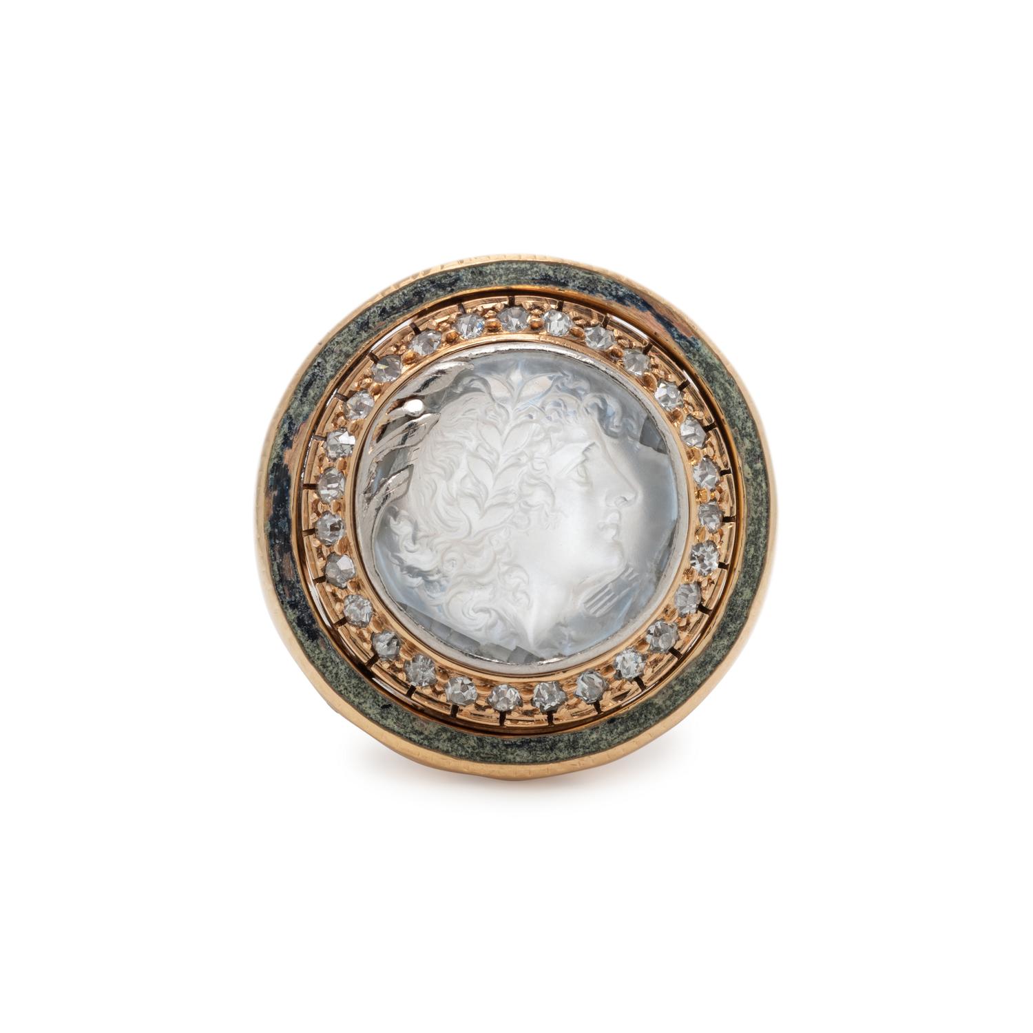 ANTIQUE, MOONSTONE CAMEO AND DIAMOND RING