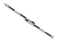 A 14 Karat White Gold Synthetic Sapphire and Diamond Bracelet, 10.30 dwts.