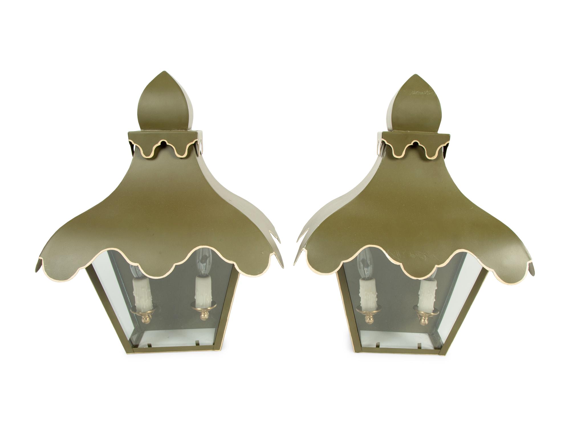 A Pair of Green and White Tole Tent Lantern Two-Light Sconces — By Colleen & Co.