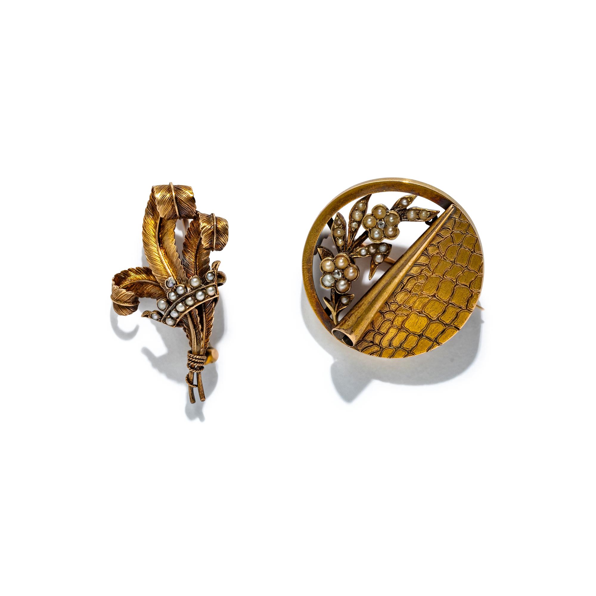 VICTORIAN, TWO YELLOW GOLD AND SEED PEARL BROOCHES