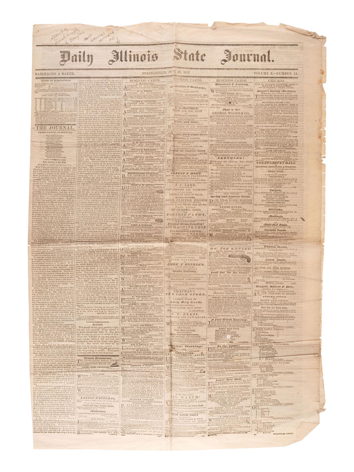 [LINCOLN, Abraham (1809-1865)]. A group of 2 Illinois newspapers with references to Lincoln, comprising: