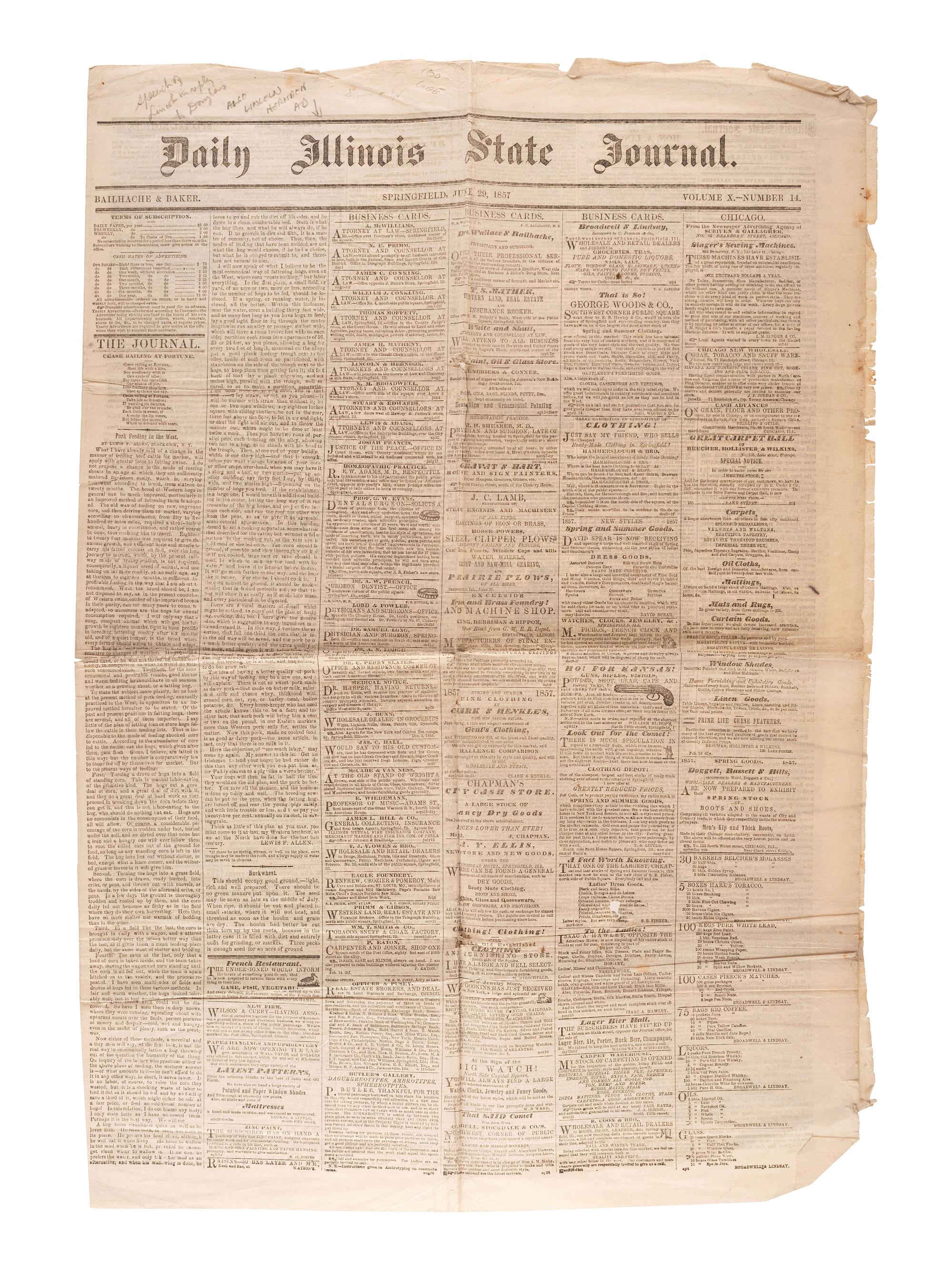 [LINCOLN, Abraham (1809-1865)]. A group of 2 Illinois newspapers with references to Lincoln, comprising: