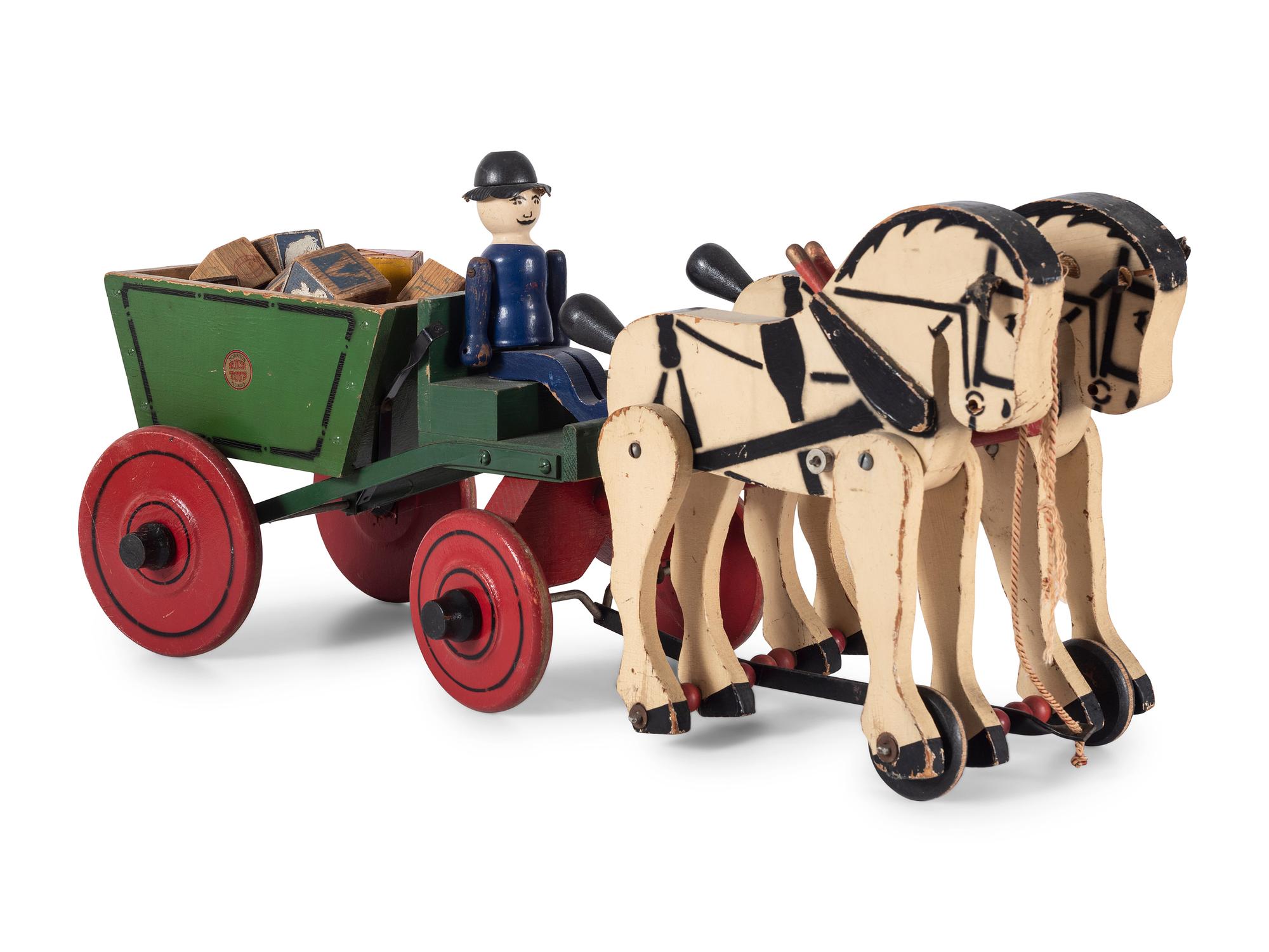 Two Carved Wood Horse-Drawn Carriages with Children's Blocks