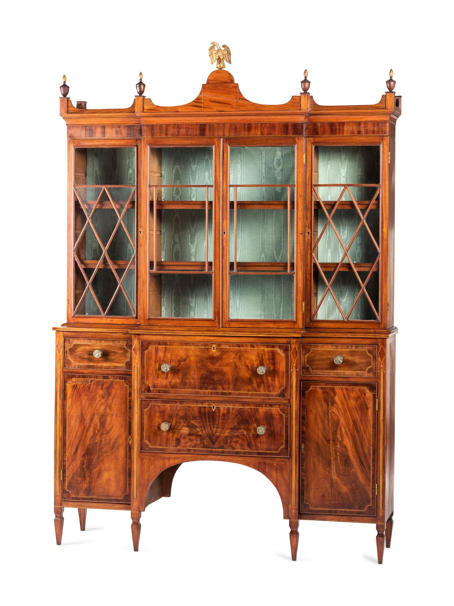 A Federal Parcel Gilt Mahogany, Holly and Ebony Breakfront Gentleman's Desk-and-Bookcase