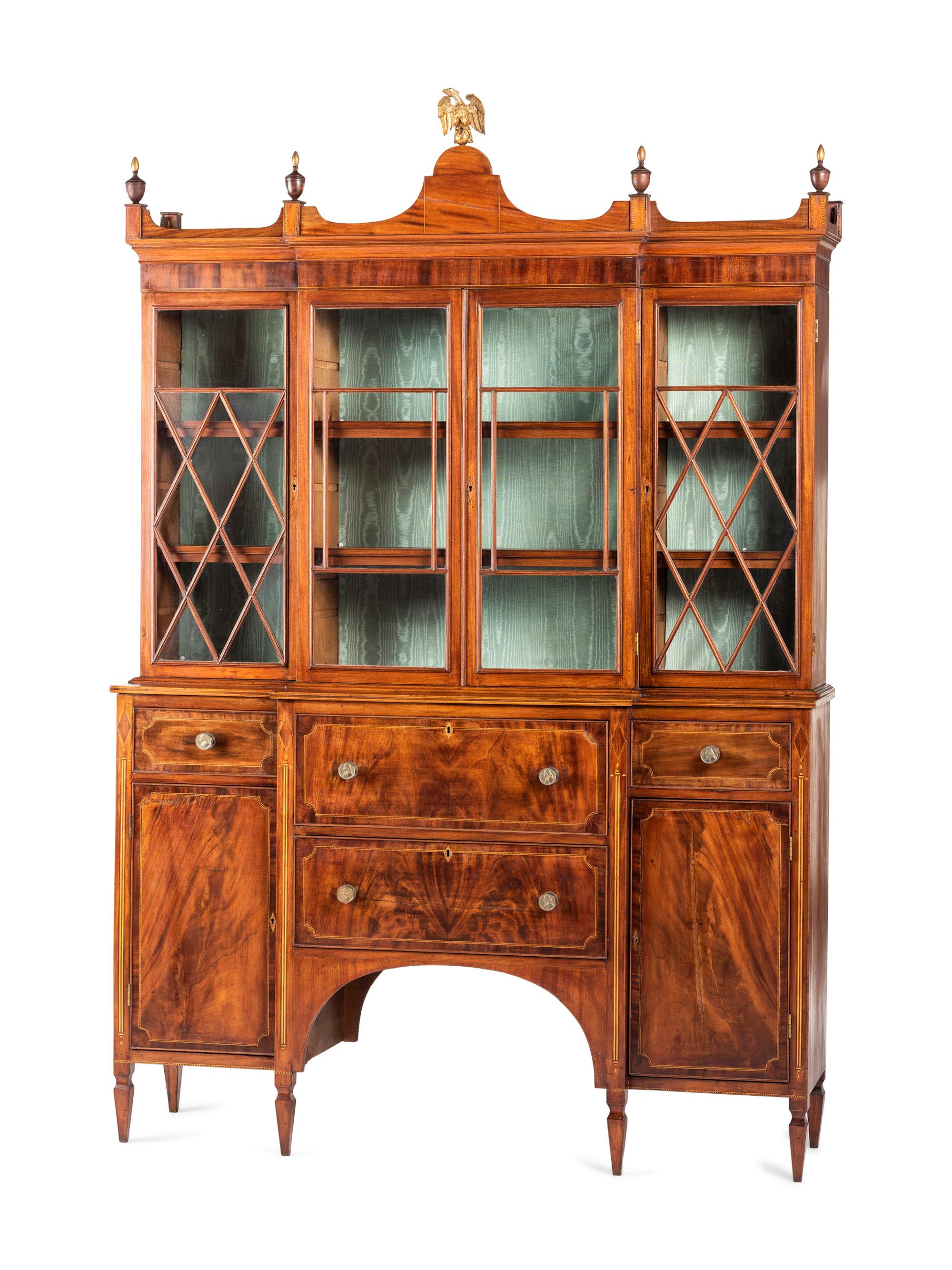 A Federal Parcel Gilt Mahogany, Holly and Ebony Breakfront Gentleman's Desk-and-Bookcase