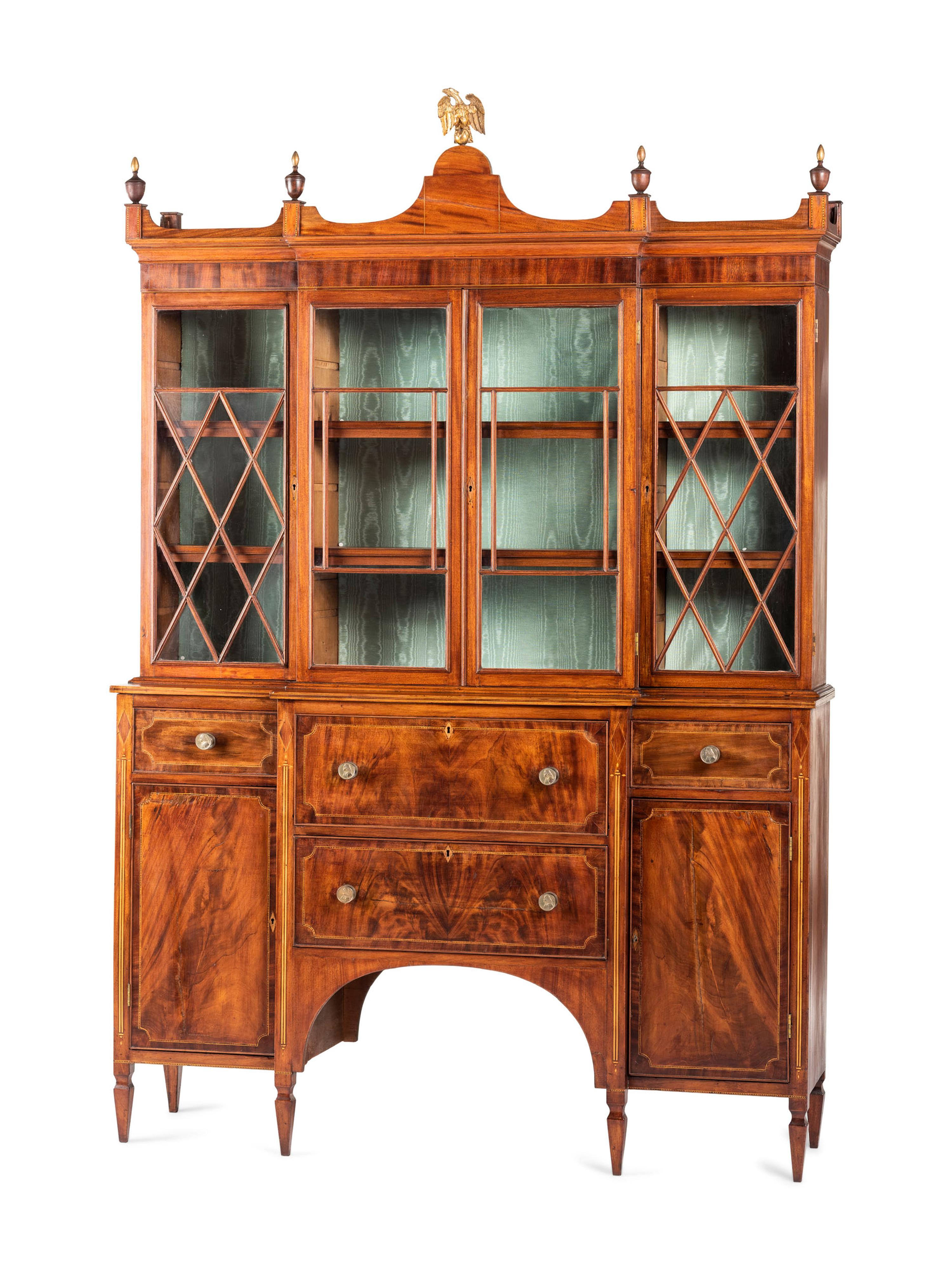 A Federal Parcel Gilt Mahogany, Holly and Ebony Breakfront Gentleman's Desk-and-Bookcase