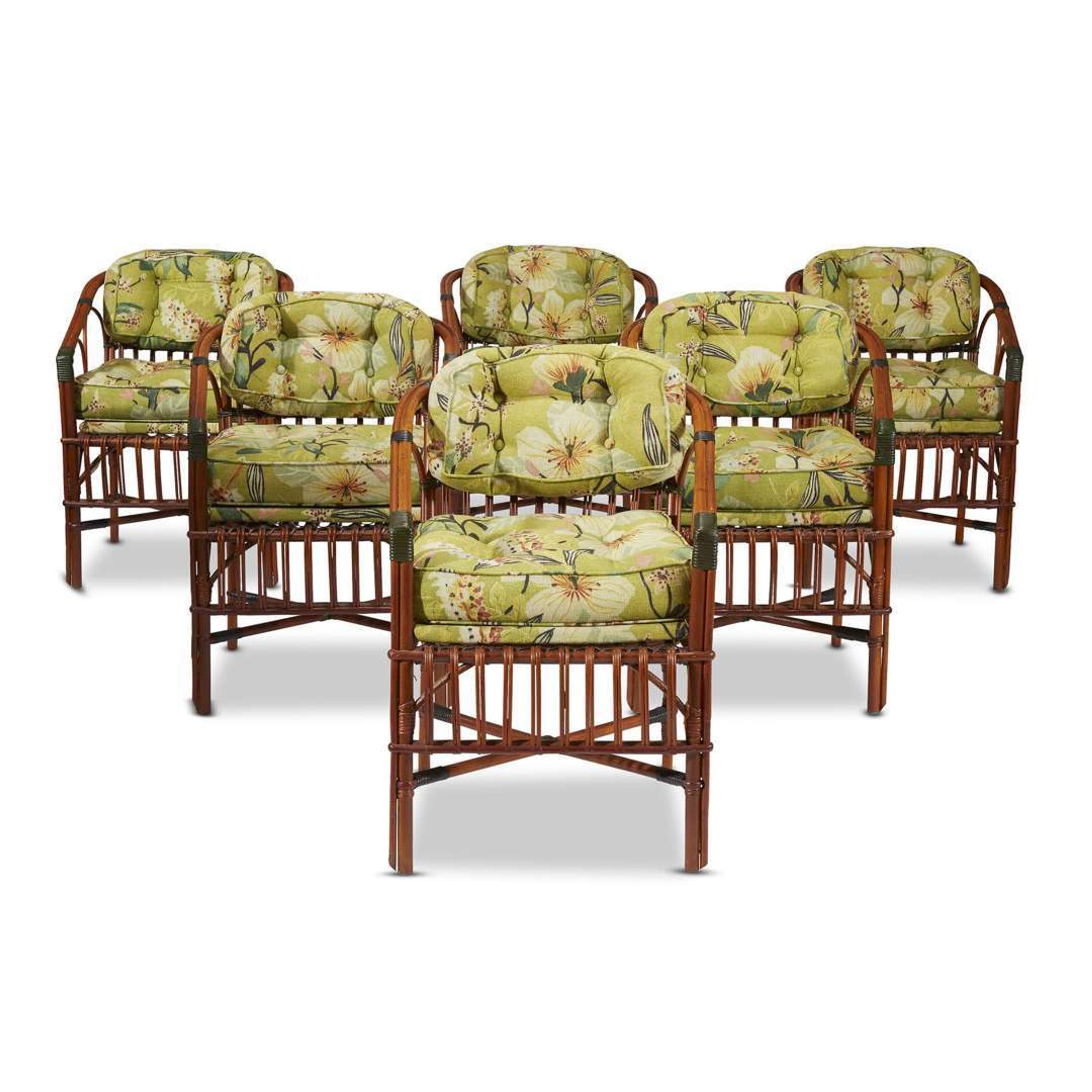 A set of six upholstered rattan horseshoe back armchairs american, circa 1920