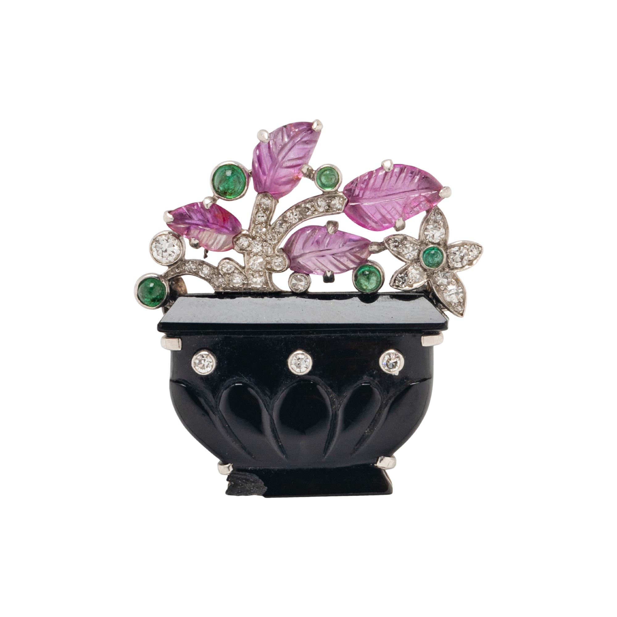 CARTIER, ART DECO, DIAMOND, RUBY, EMERALD, AND ONYX GIARDINETTO BROOCH