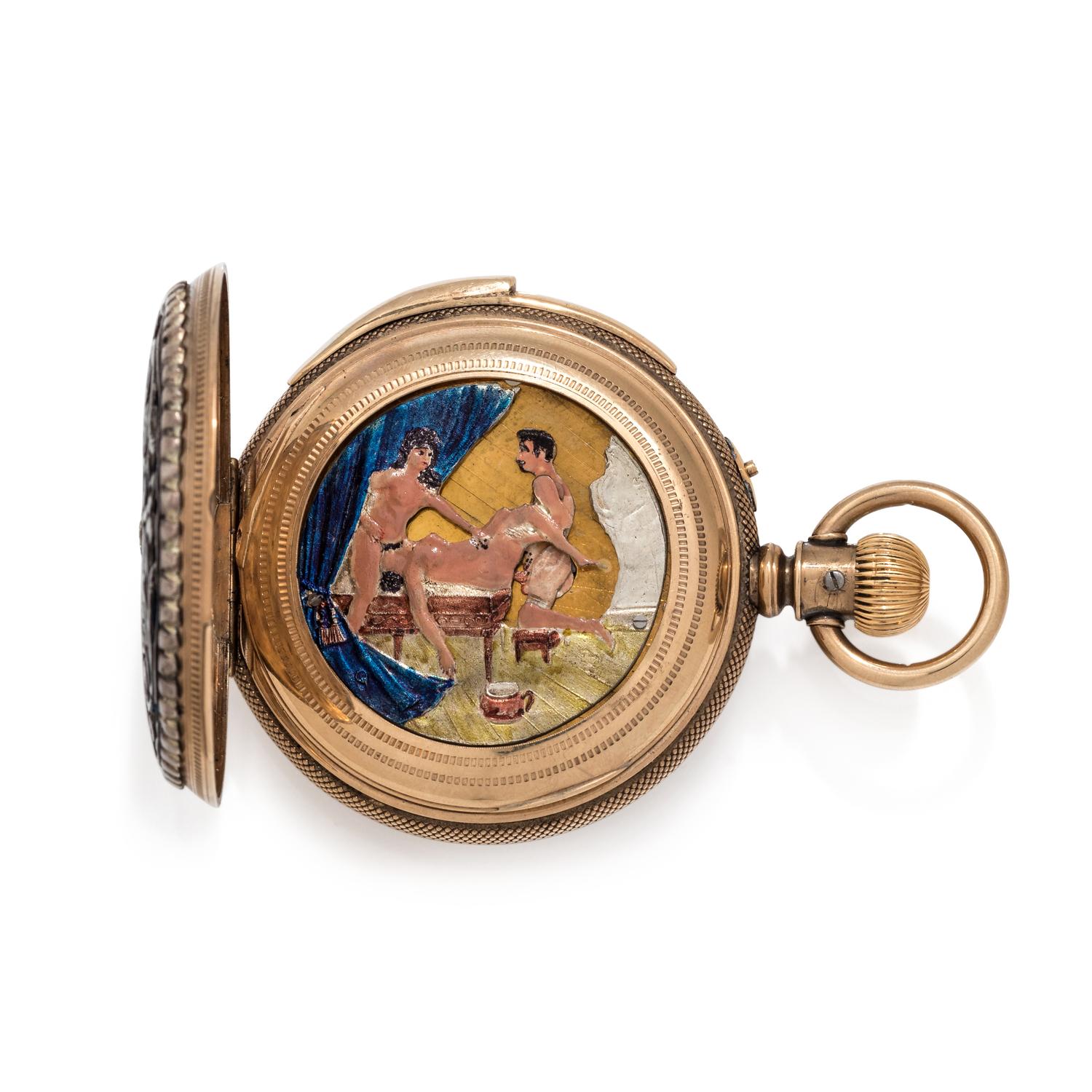 GOLD-FILLED, ENAMEL AND PASTE AUTOMATON HUNTER CASE POCKET WATCH